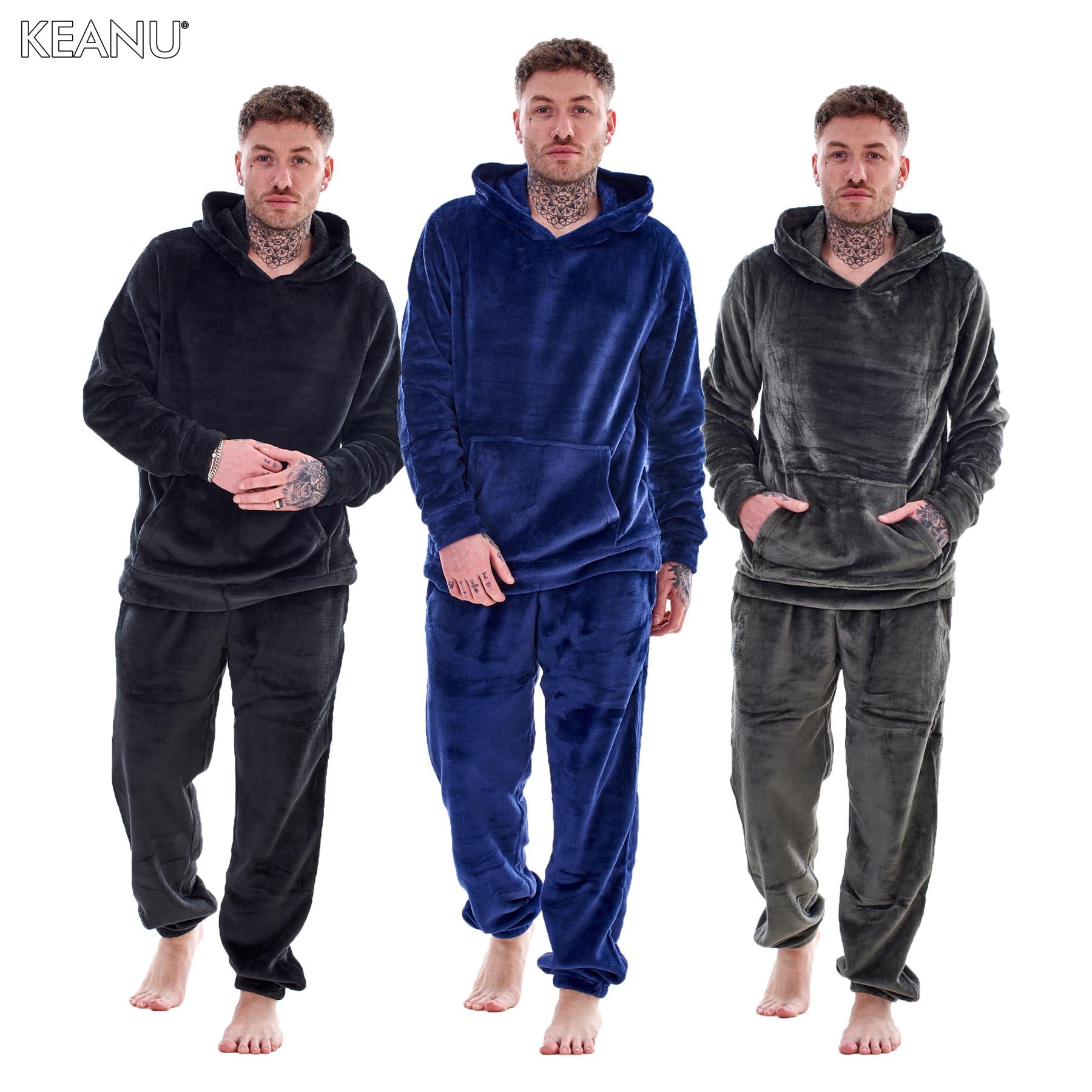 Mens Luxury Flannel Fleece Hooded Pyjamas Twosies Crew Neck Lounge Set Soft Warm