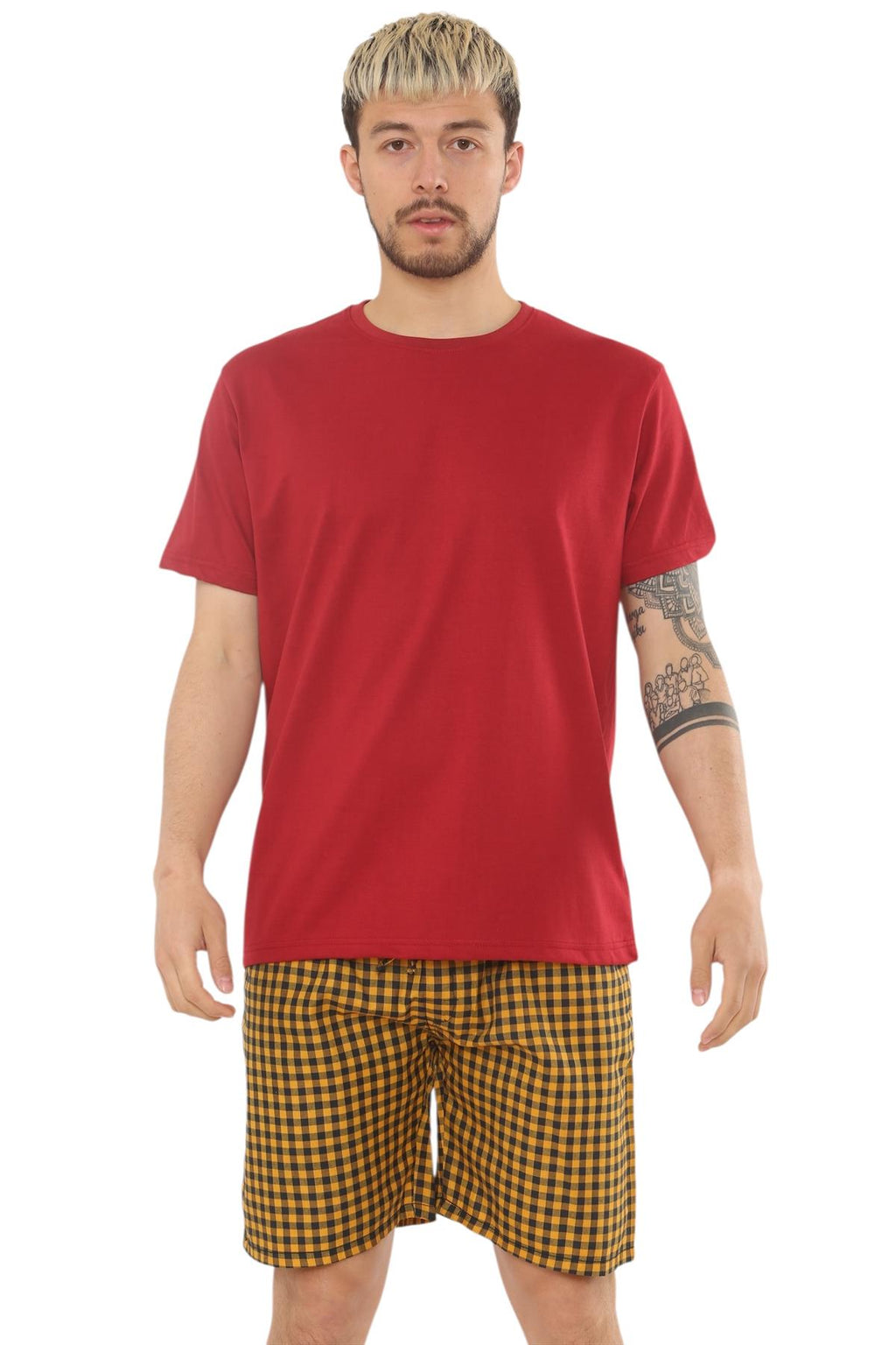 Mens Check Cotton Pyjama Set T-Shirt Woven Shorts Lounge Sleepwear Nightwear Set