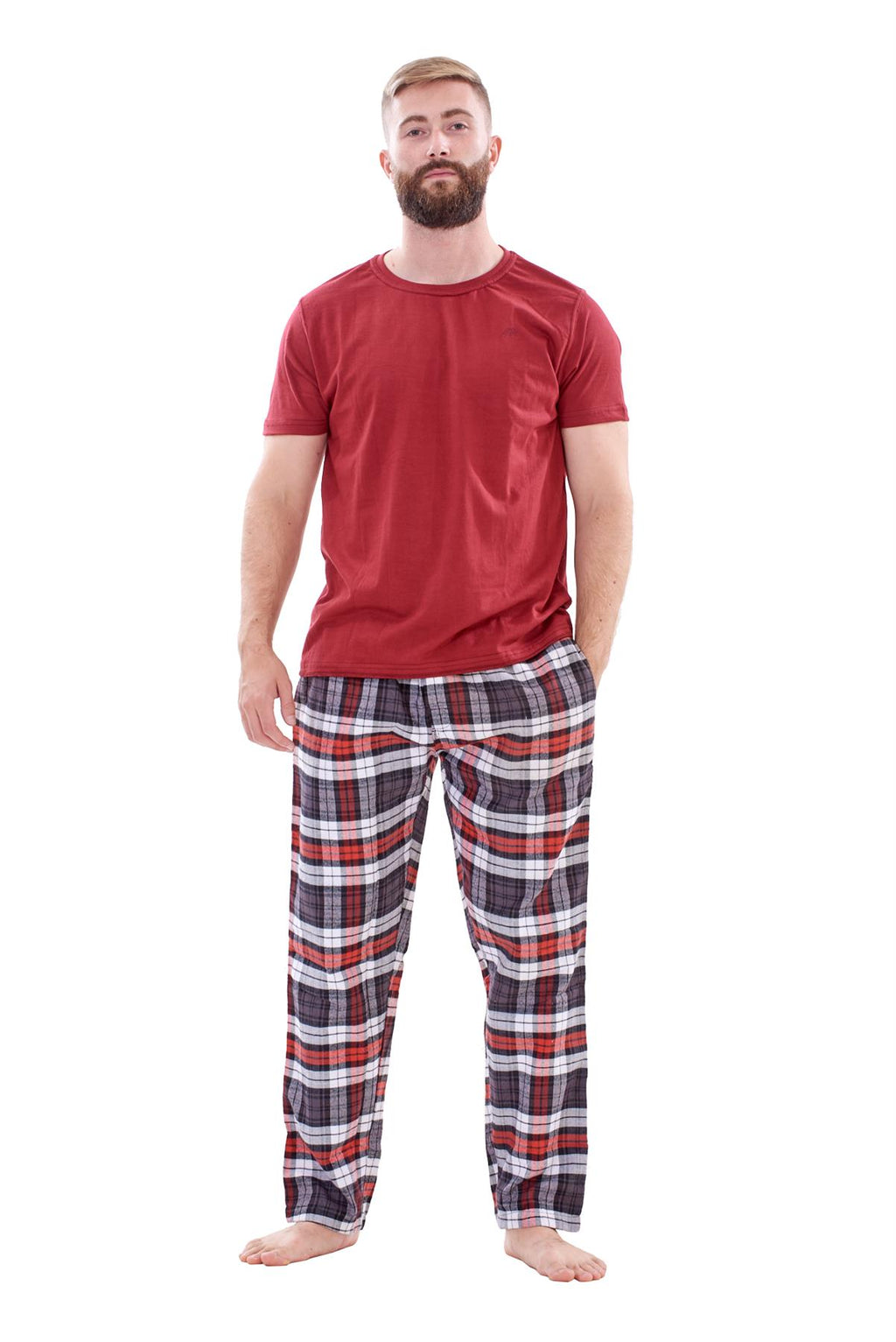 Mens Flannel Pyjama Set Brushed Cotton Check Jersey Top Loungewear Lightweight