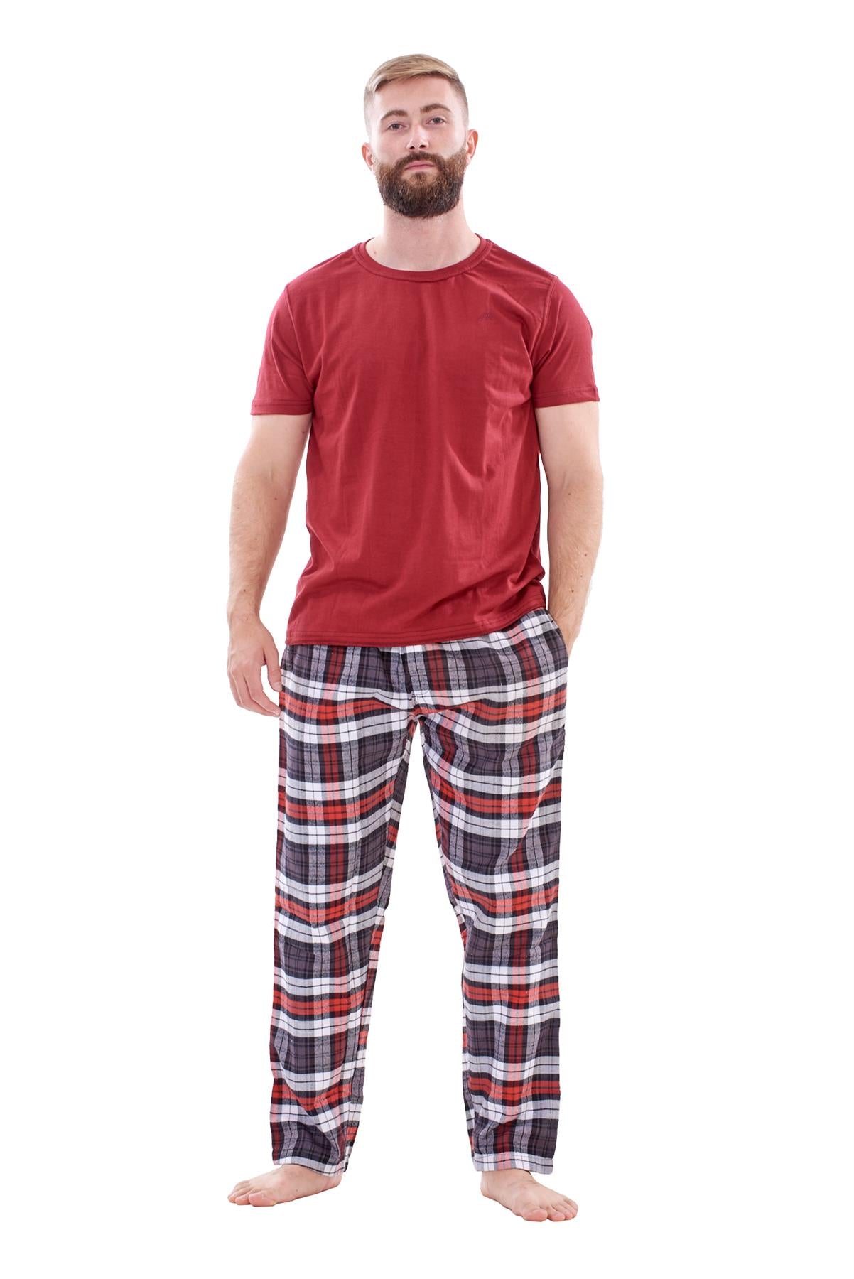 Mens Flannel Pyjama Set Brushed Cotton Check Jersey Top Loungewear Lightweight