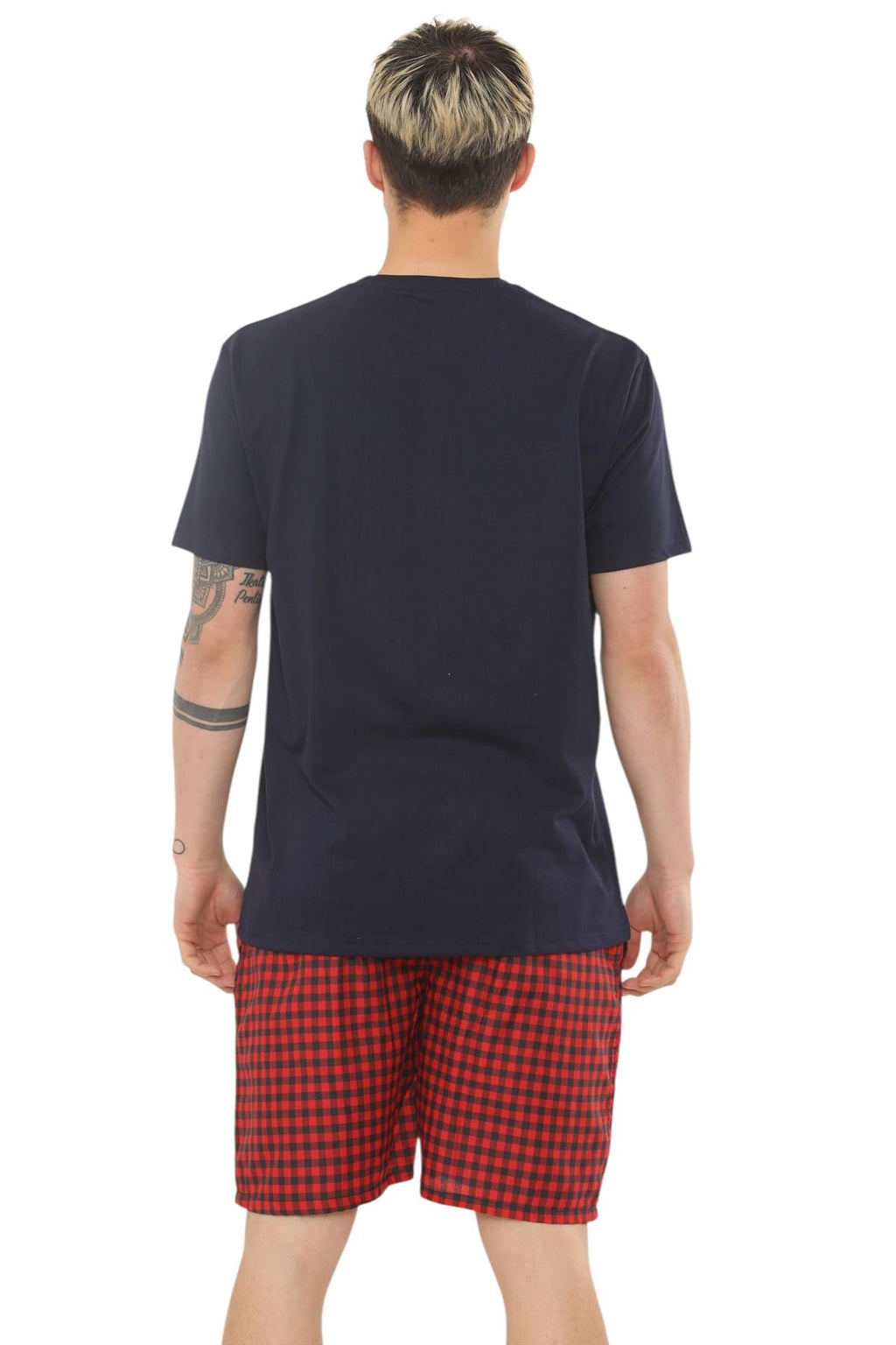 Mens Check Cotton Pyjama Set T-Shirt Woven Shorts Lounge Sleepwear Nightwear Set