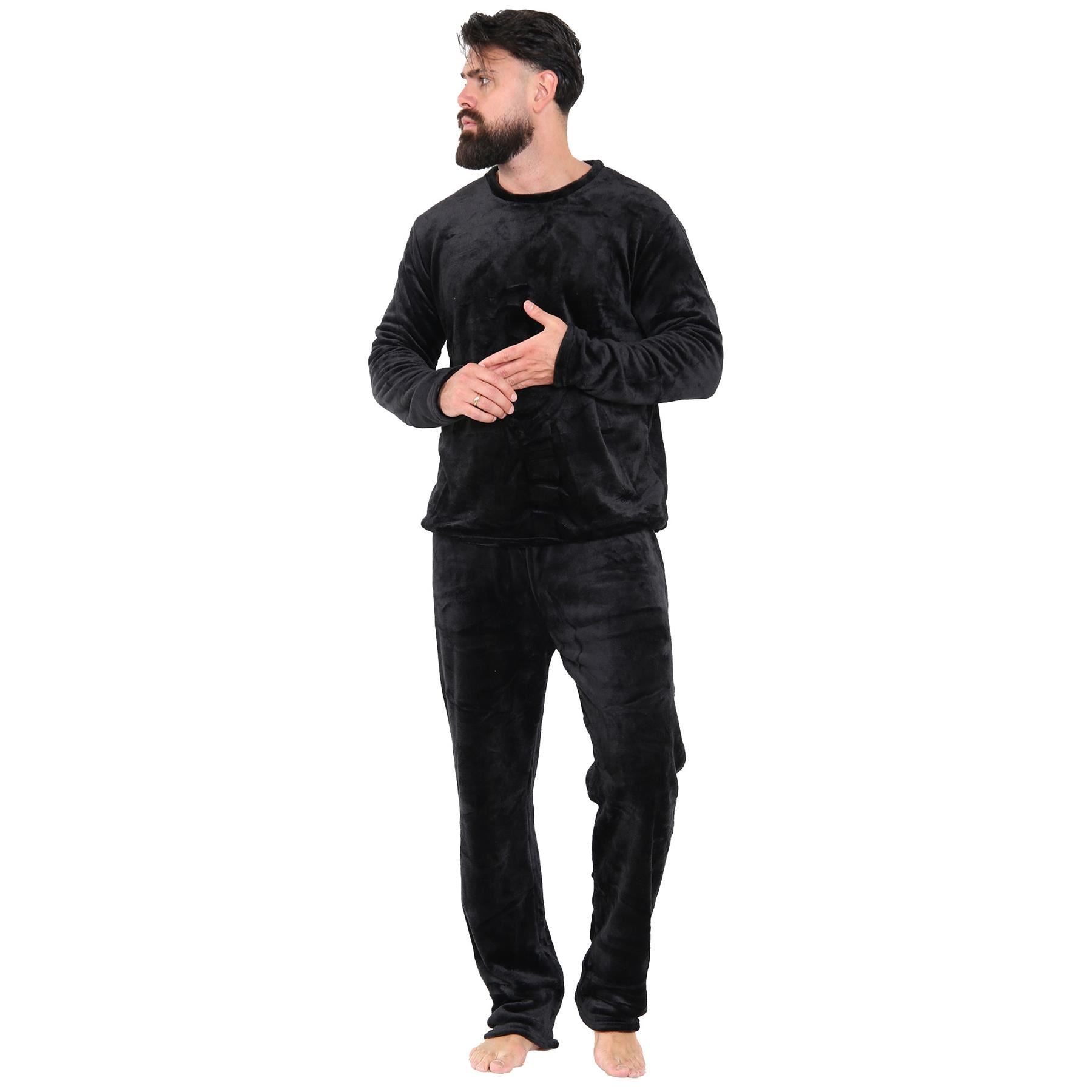 Mens Pyjamas Soft Warm Fleece Adults Crew Neck Pyjamas 2 Piece Gift Set For Mens