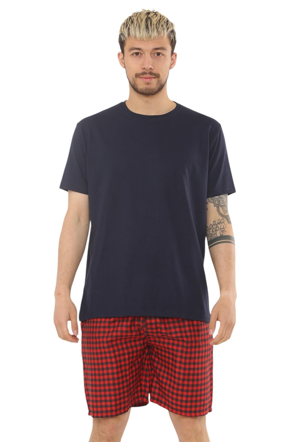 Mens Check Cotton Pyjama Set T-Shirt Woven Shorts Lounge Sleepwear Nightwear Set