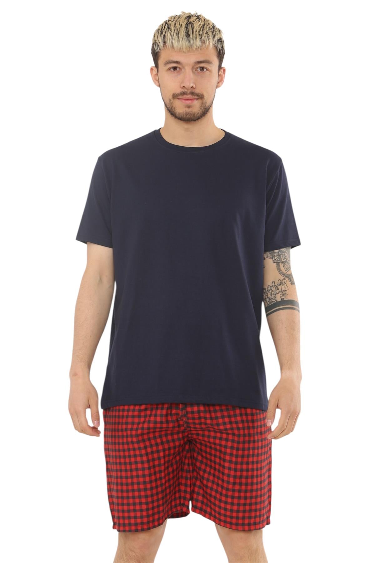Mens Check Cotton Pyjama Set T-Shirt Woven Shorts Lounge Sleepwear Nightwear Set