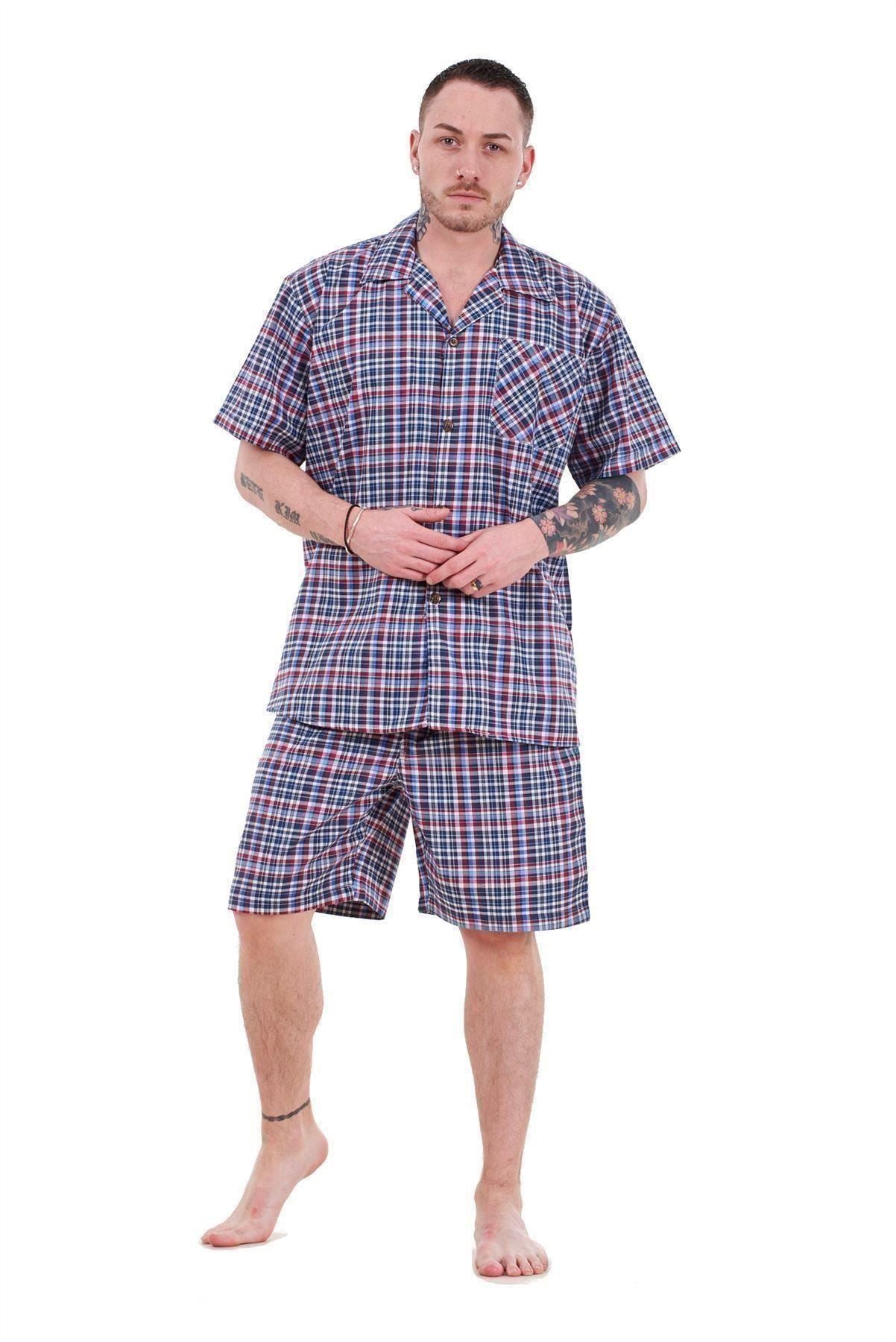 Mens Yarn Dyed Woven Pyjama Set Regular Big Size Check Cotton Blend Shorts M-5XL