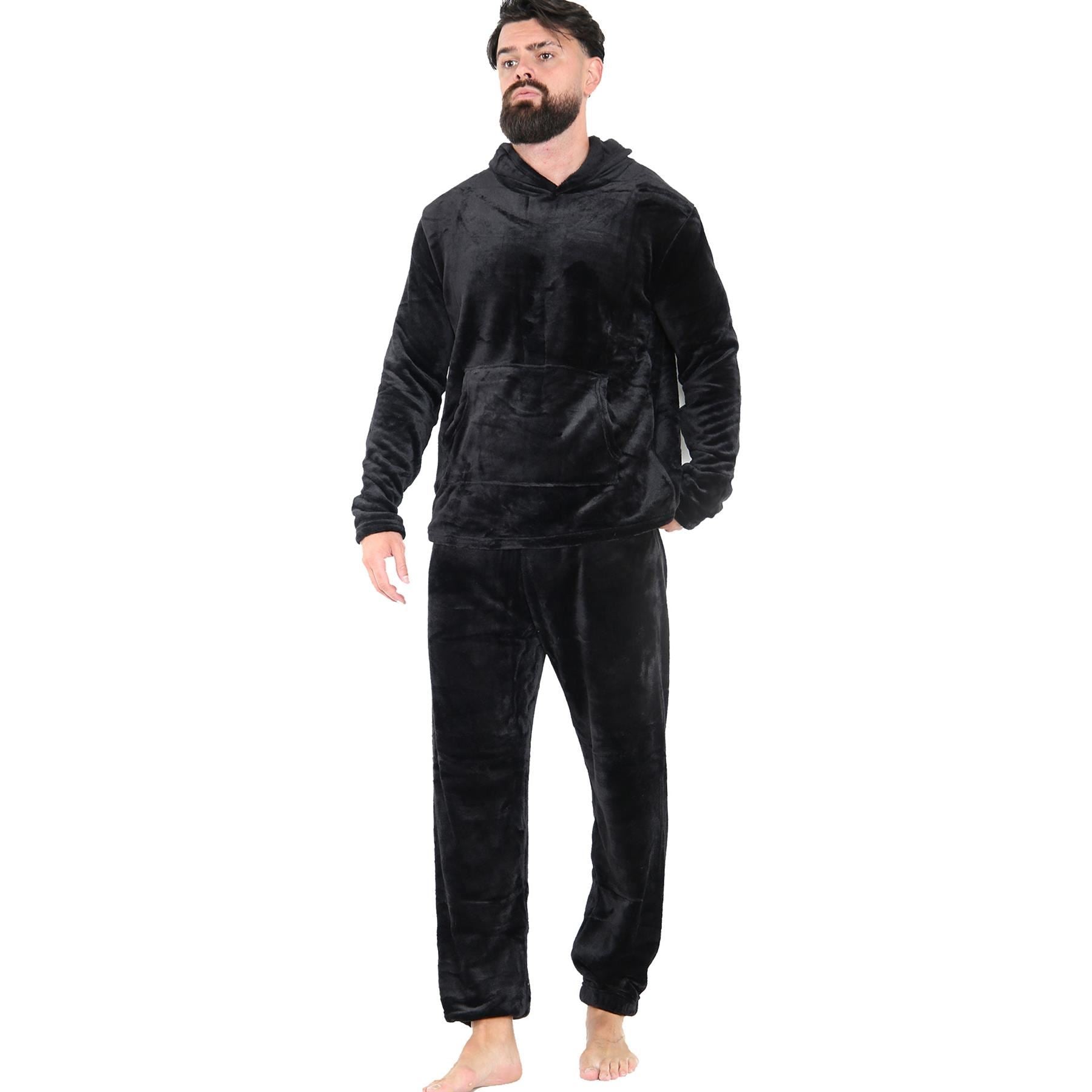 Mens Pyjamas Soft Warm Fleece Adults Hooded Pyjamas 2 Piece Gift Set For Mens