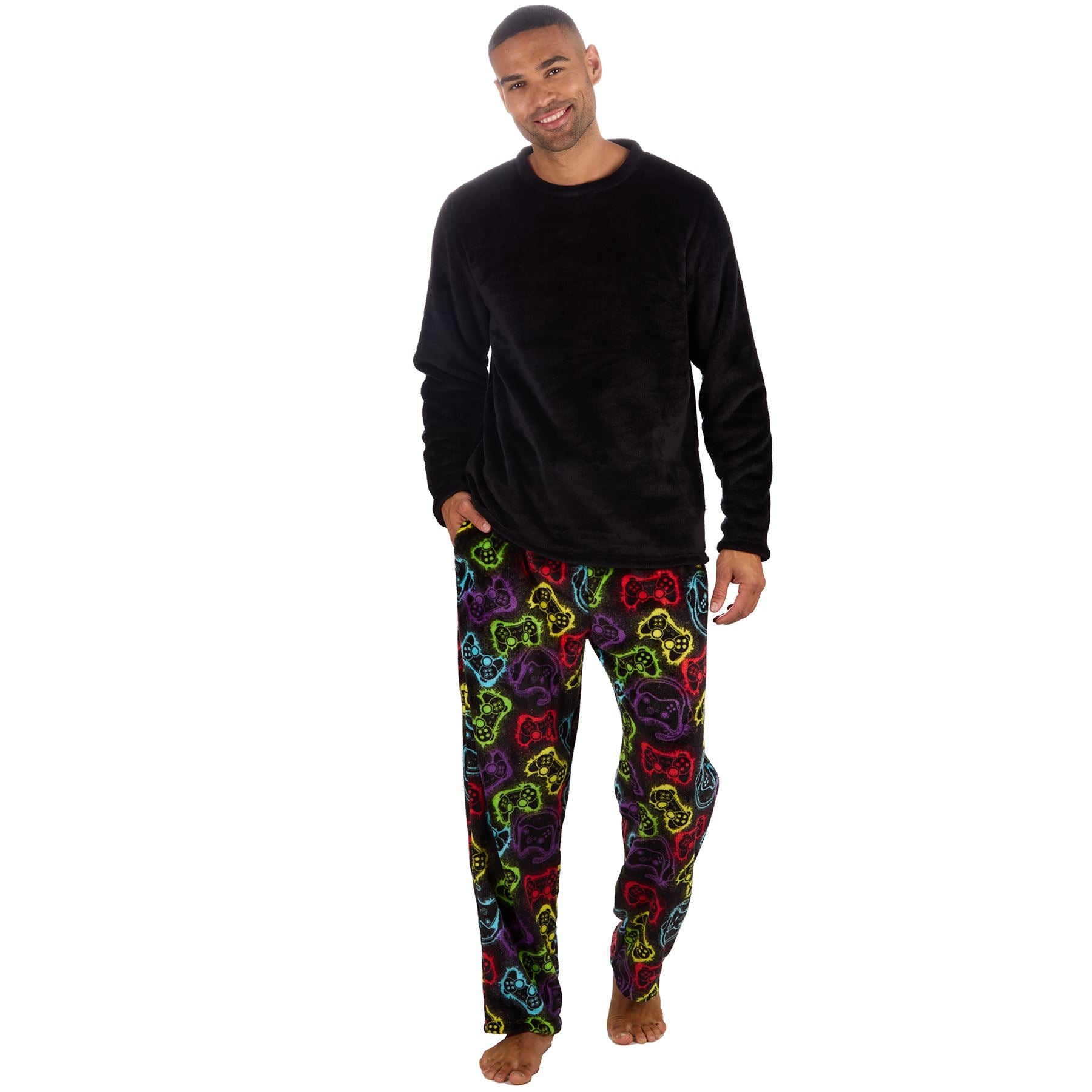 Mens Fleece Pyjamas Long Sleeve Pyjama Set Gamer Gaming Check Size S-XXL
