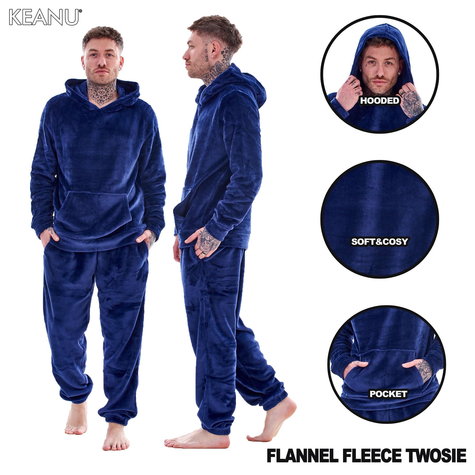 Mens Luxury Flannel Fleece Hooded Pyjamas Twosies Crew Neck Lounge Set Soft Warm