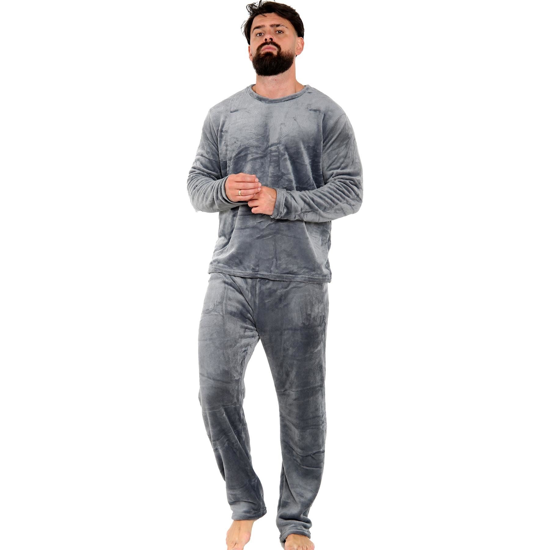 Mens Pyjamas Soft Warm Fleece Adults Crew Neck Pyjamas 2 Piece Gift Set For Mens