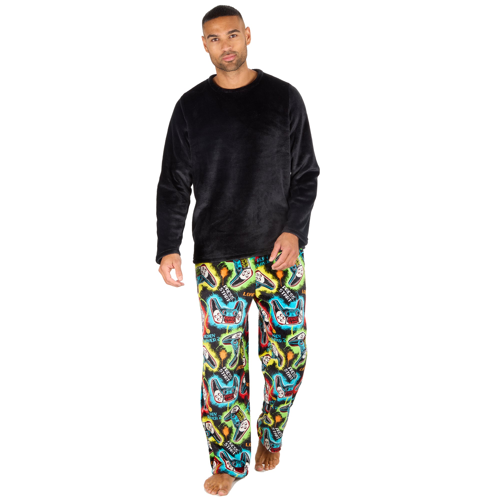 Mens Plush Fleece Lounge Set Gaming Pyjama Set Gamer Top and Bottoms PJ's S-XXL