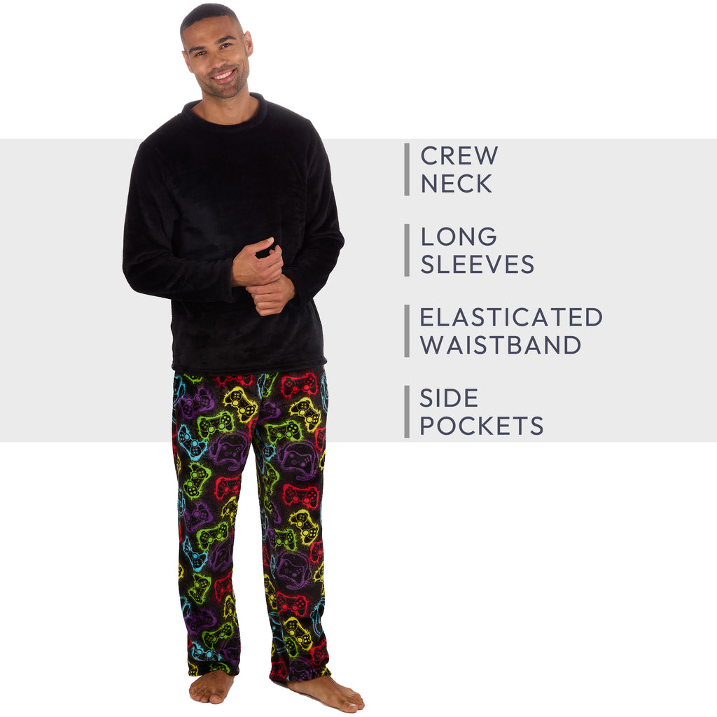 Mens Plush Fleece Lounge Set Gaming Pyjama Set Gamer Top and Bottoms PJ's S-XXL