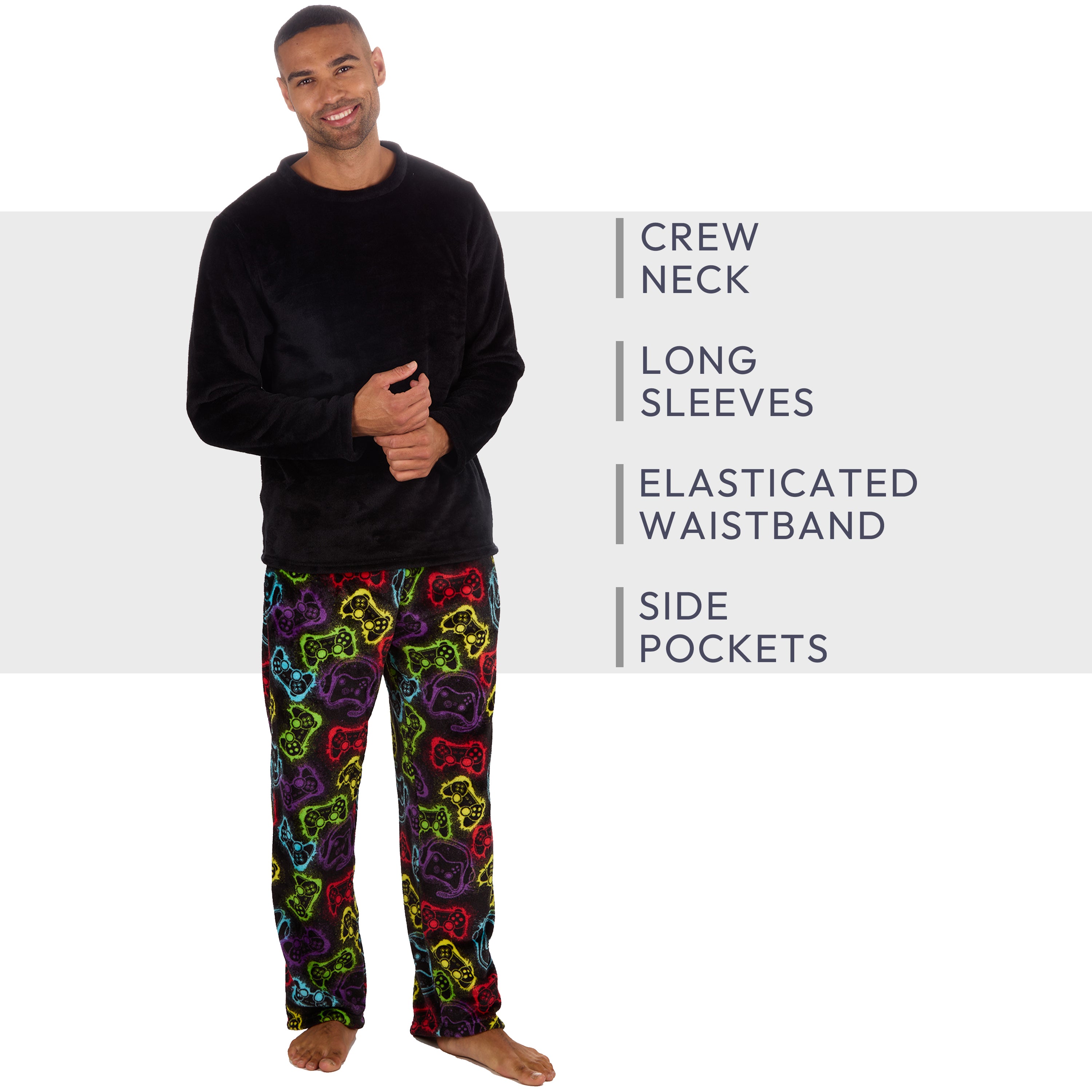 Mens Plush Fleece Lounge Set Gaming Pyjama Set Gamer Top and Bottoms PJ's S-XXL