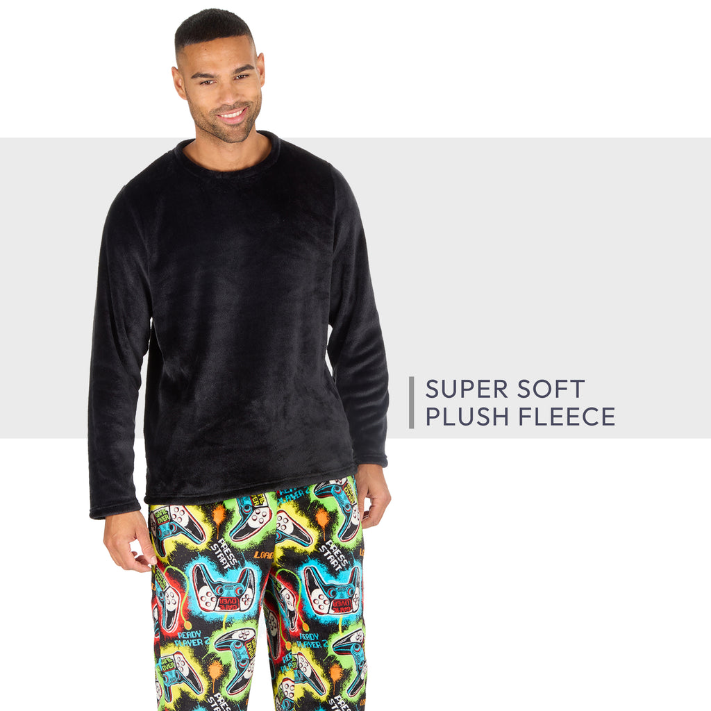 Mens Plush Fleece Lounge Set Gaming Pyjama Set Gamer Top and Bottoms PJ's S-XXL