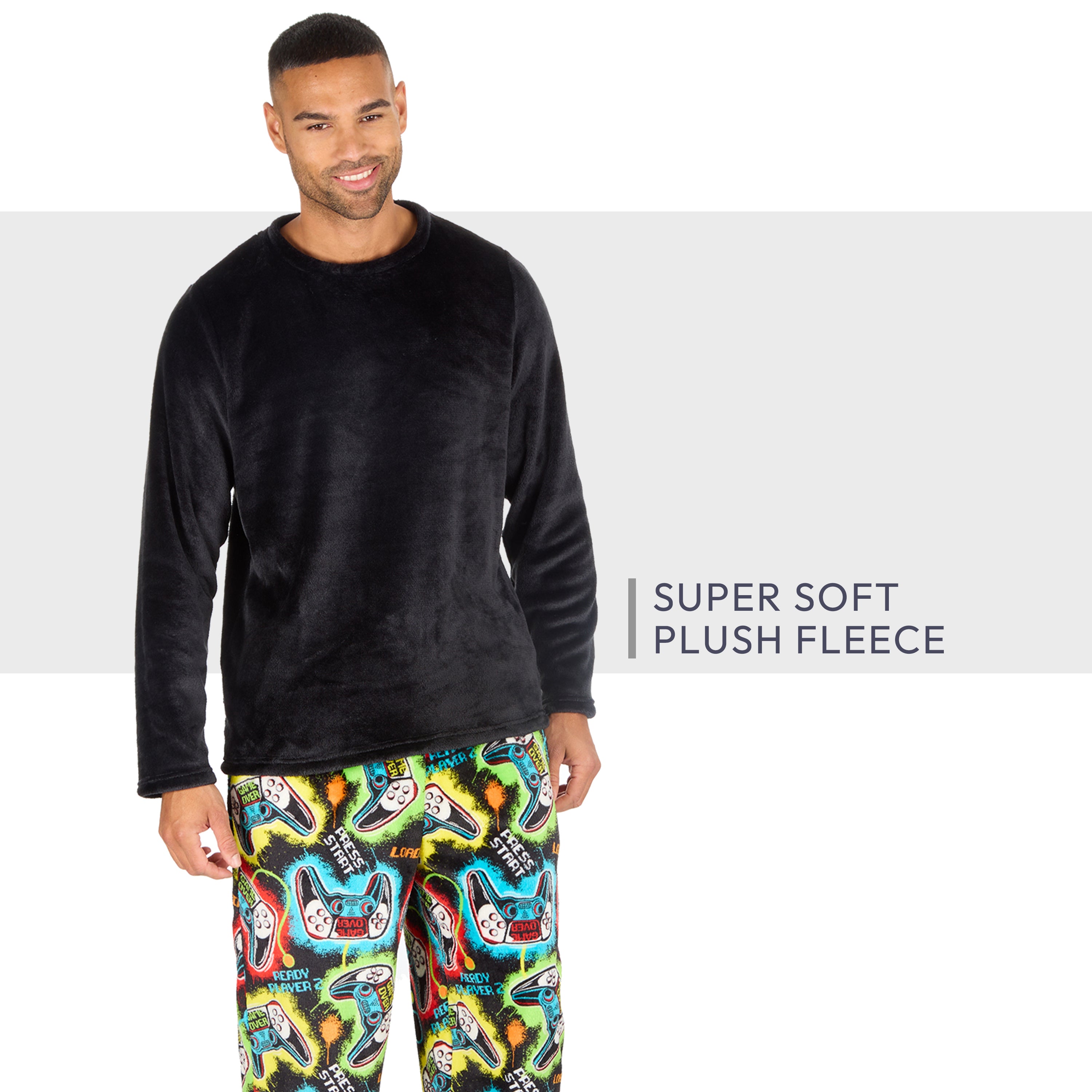 Mens Plush Fleece Lounge Set Gaming Pyjama Set Gamer Top and Bottoms PJ's S-XXL