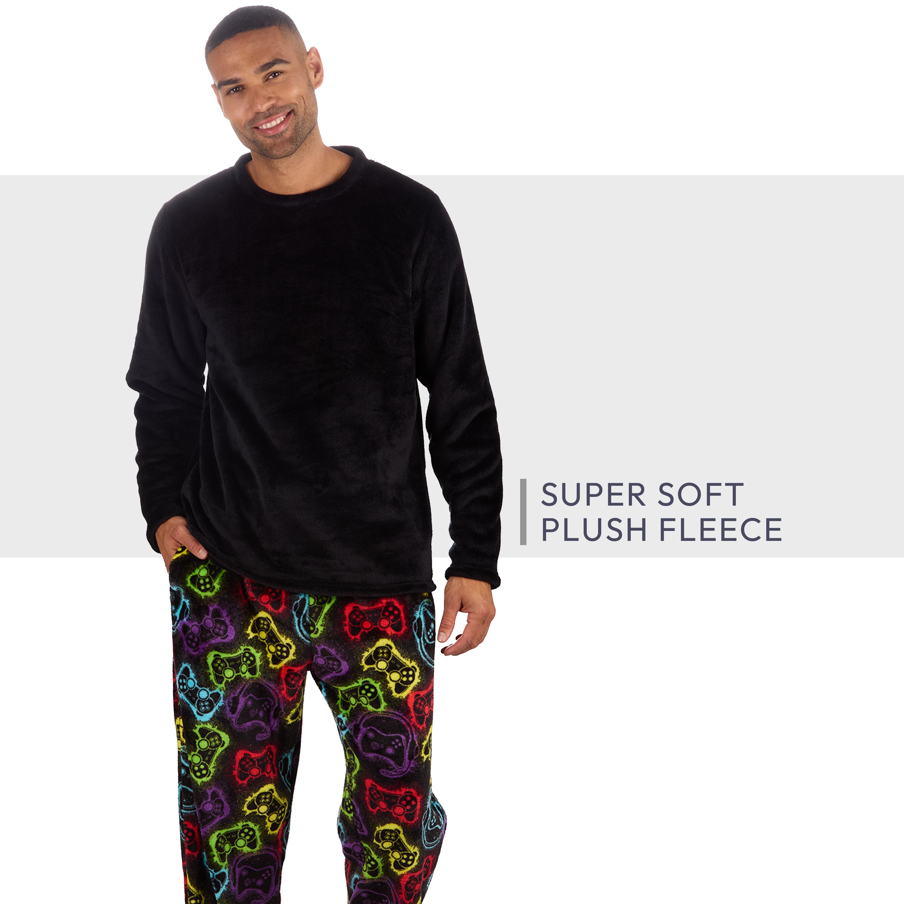 Mens Plush Fleece Lounge Set Gaming Pyjama Set Gamer Top and Bottoms PJ's S-XXL