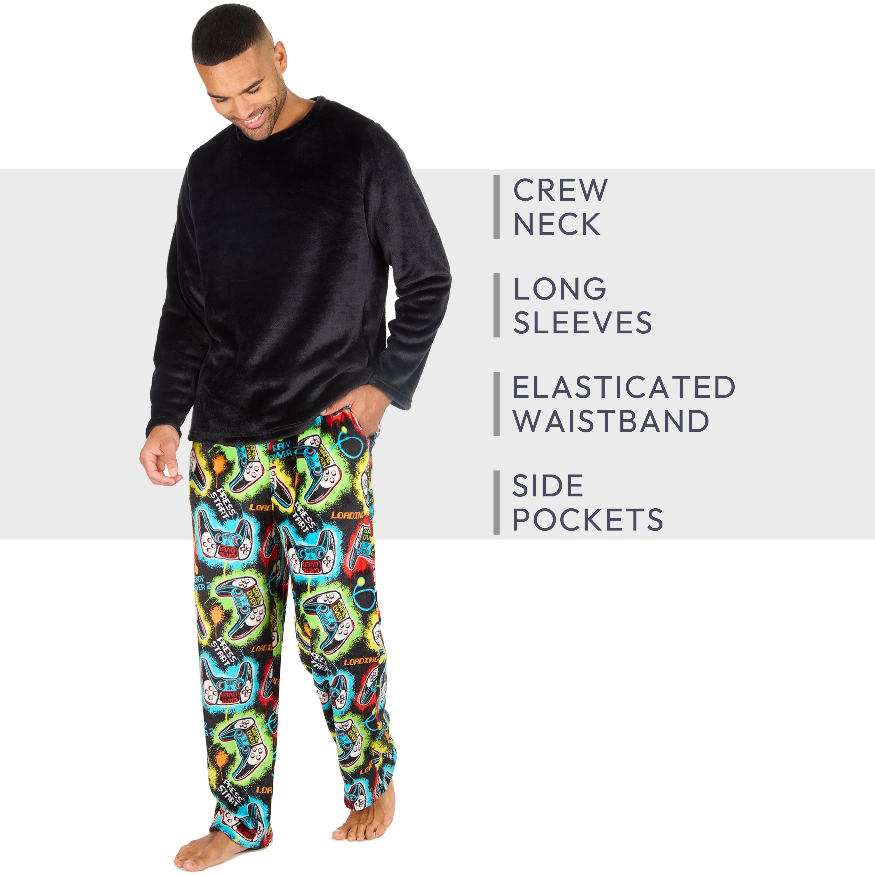 Mens Plush Fleece Lounge Set Gaming Pyjama Set Gamer Top and Bottoms PJ's S-XXL
