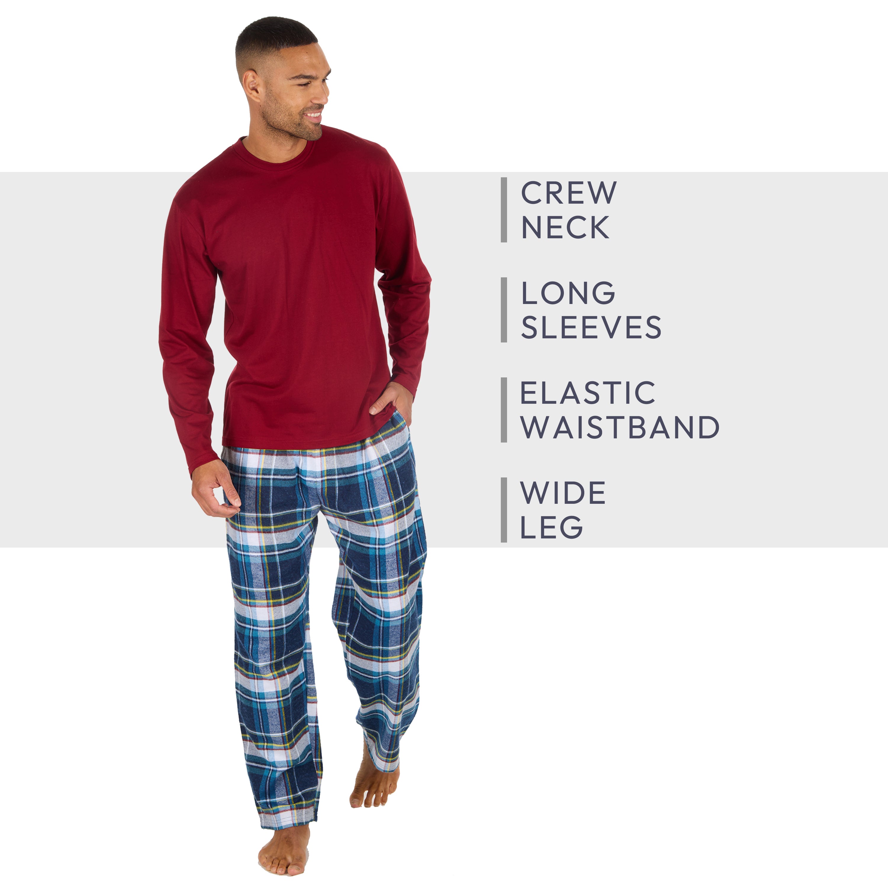 Mens Jersey Long Pyjama Set Cotton Checked Crew Neck Nightwear 2-Piece PJs M-XXL