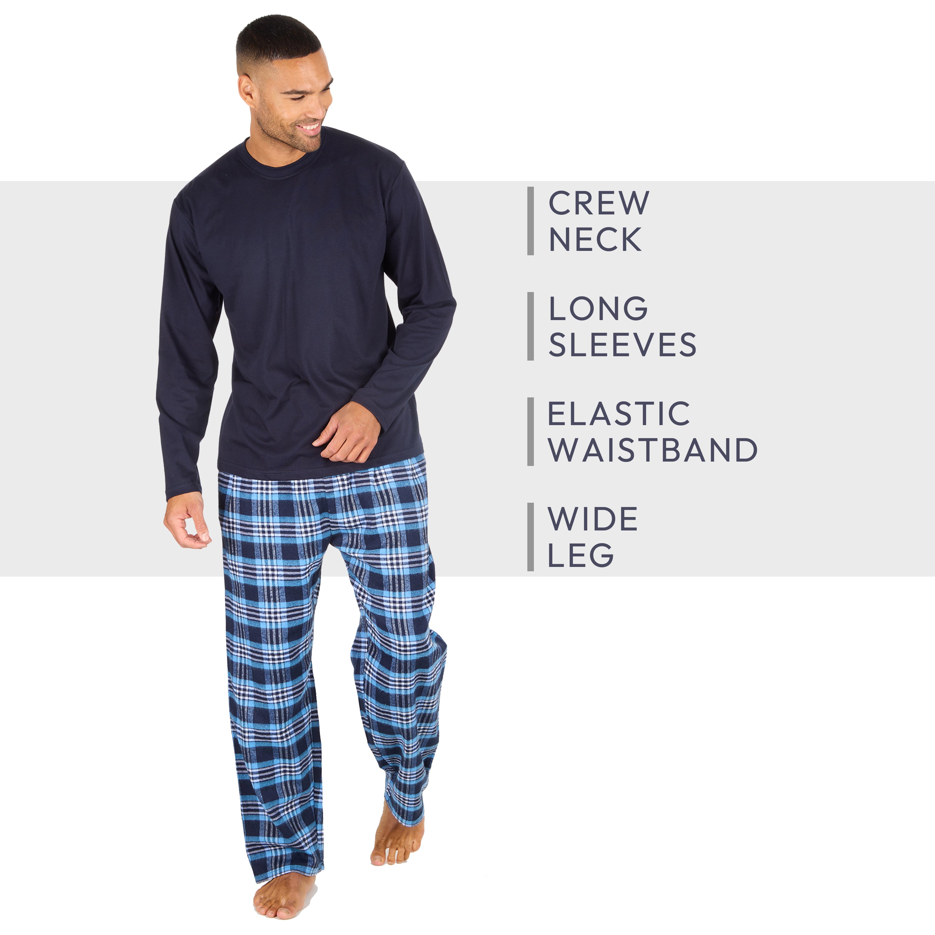 Mens Jersey Long Pyjama Set Cotton Checked Crew Neck Nightwear 2-Piece PJs M-XXL