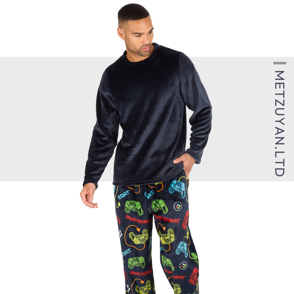 Mens Plush Fleece Lounge Set Gaming Pyjama Set Gamer Top and Bottoms PJ's S-XXL