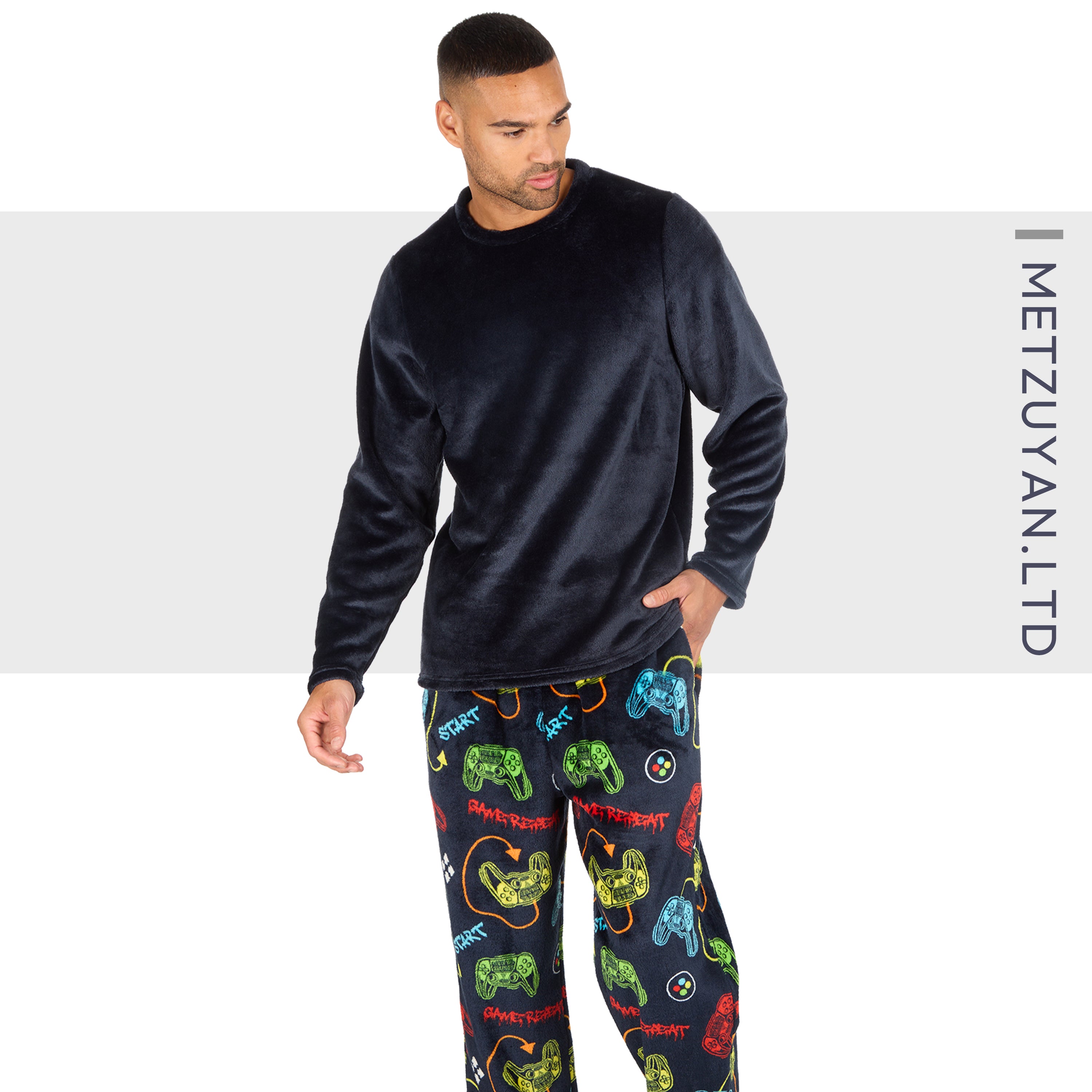 Mens Plush Fleece Lounge Set Gaming Pyjama Set Gamer Top and Bottoms PJ's S-XXL