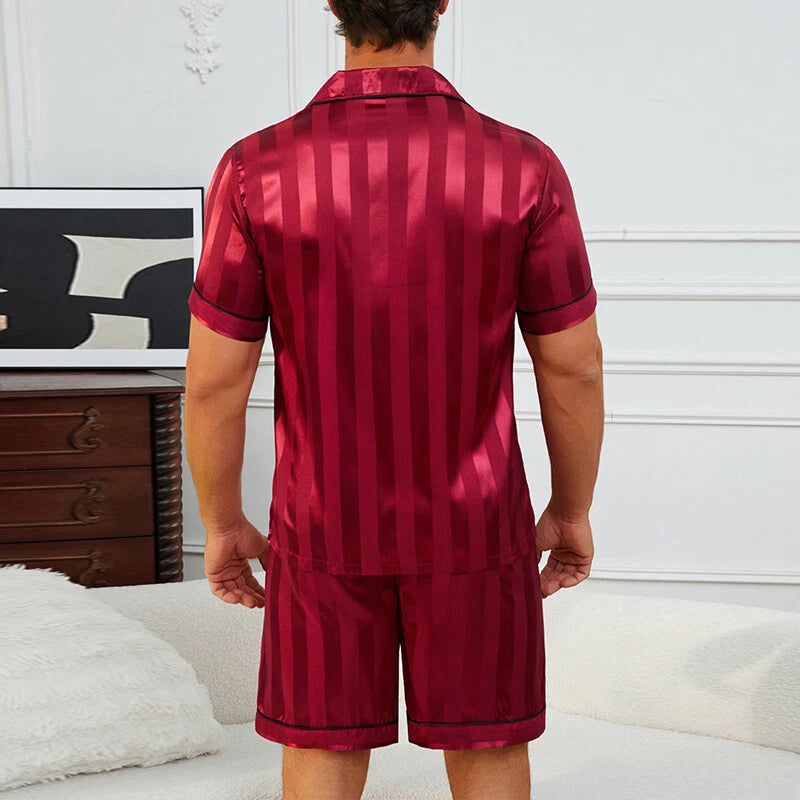 Mens Silk Satin Pajamas Set Sleepwear Stripe Short Sleeve PJ Set Top and Bottom