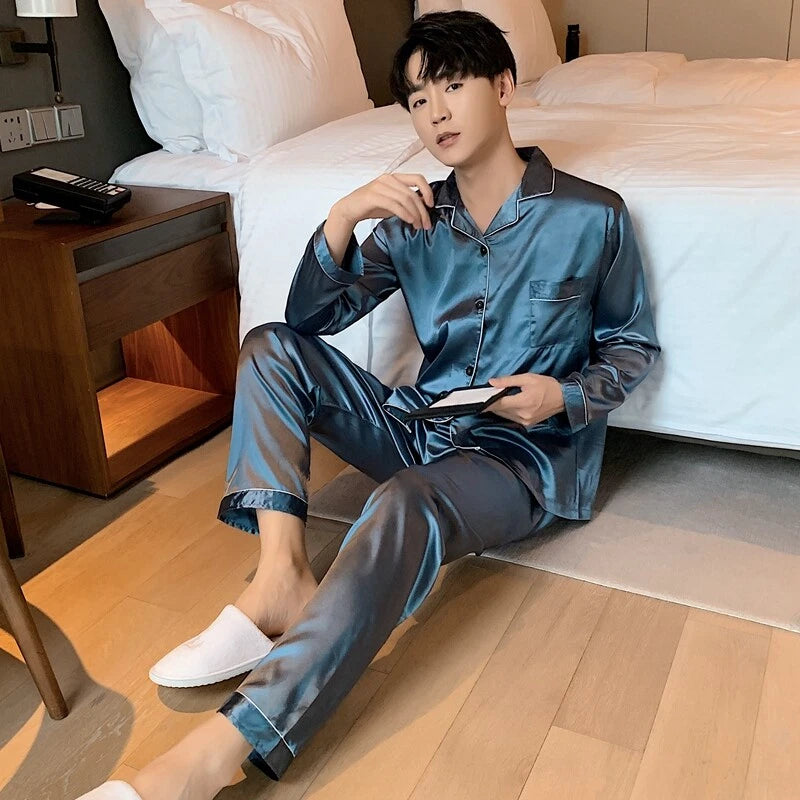 Mens Silk Satin Pajamas Pj Set Top and Bottom Sleepwear Nightwear Casual pijamas