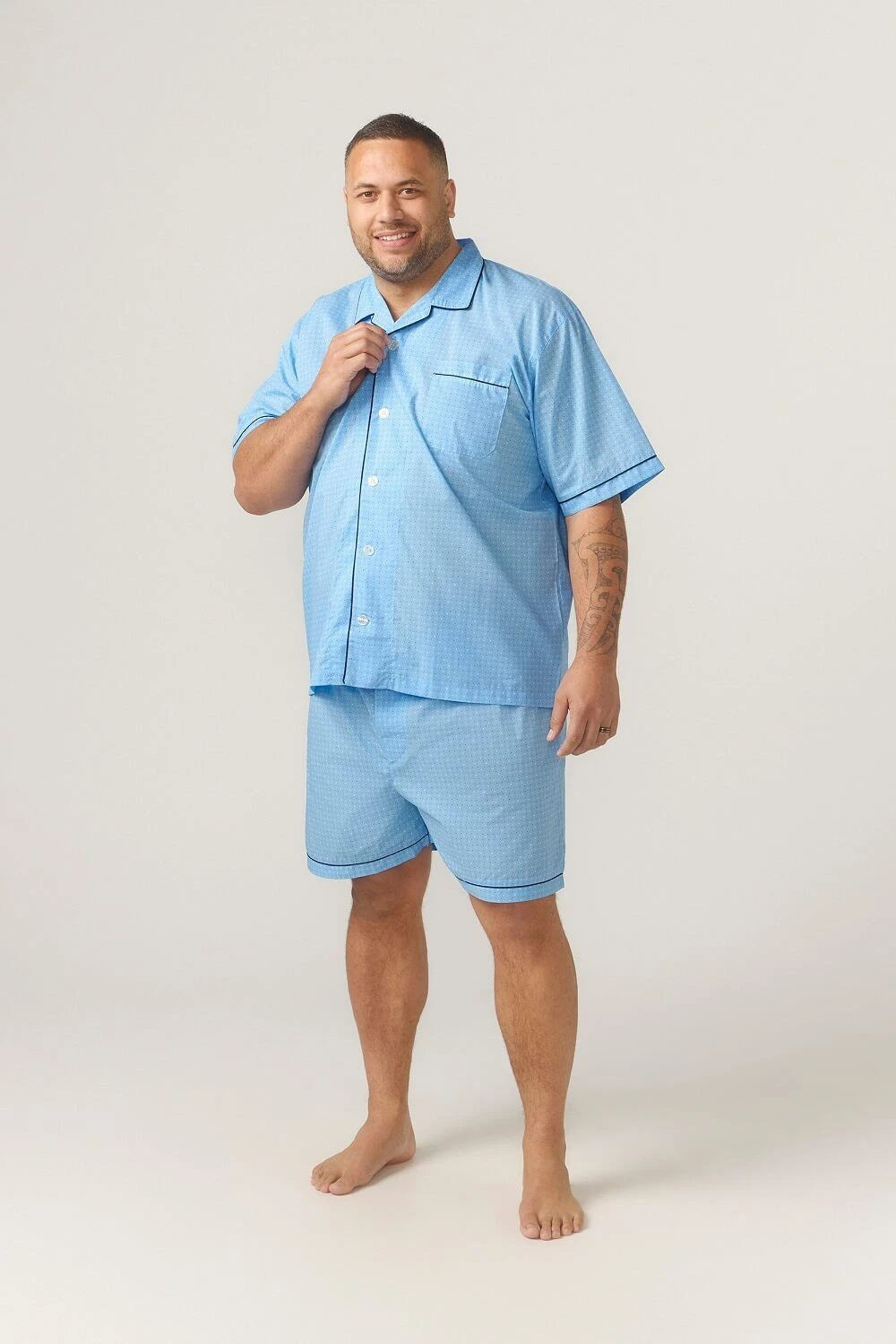 Mens Contare Sizes S-4XL Light Blue Cotton Short Sleeve Pyjama Set Pjs - SPB