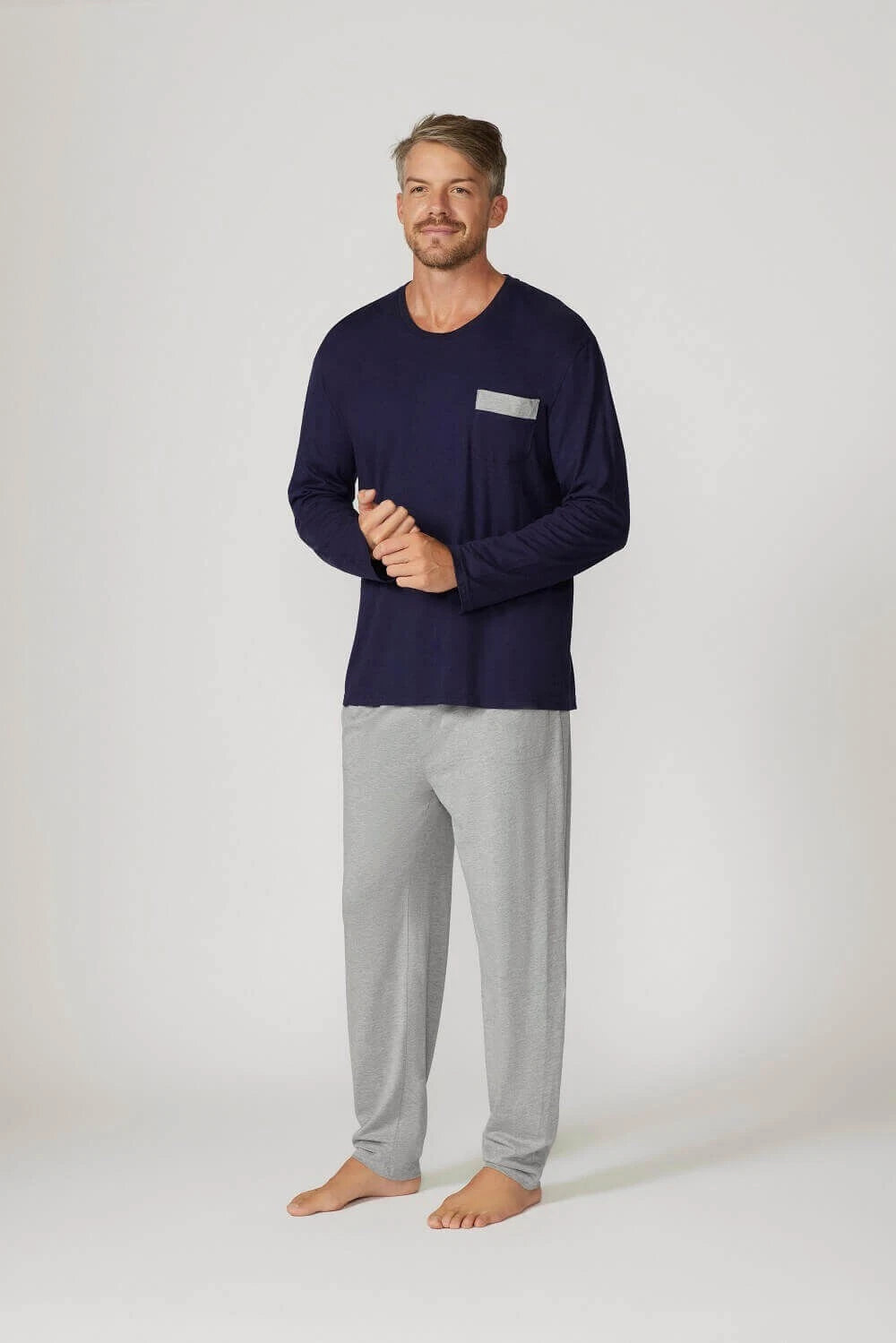 Mens Contare Sizes S-7XL Navy Blue Grey Bamboo Cotton Long Sleeve Pyjama Set Pjs