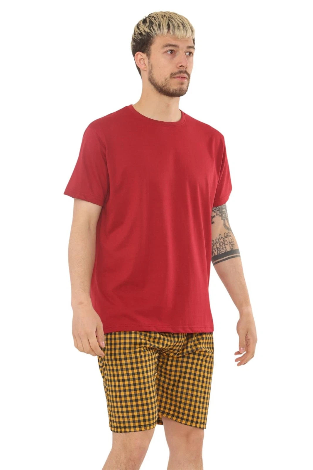 Mens Check Cotton Pyjama Set T-Shirt Woven Shorts Lounge Sleepwear Nightwear Set