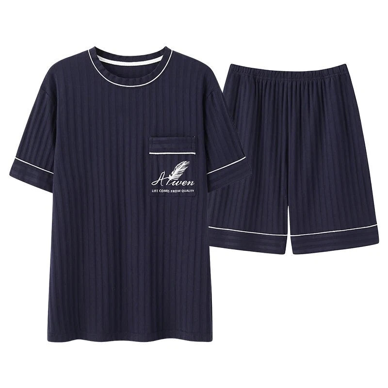 Men Pajamas Set Summer O-neck Vest Shorts Knitted Faux Cotton Pijamas Leisure US