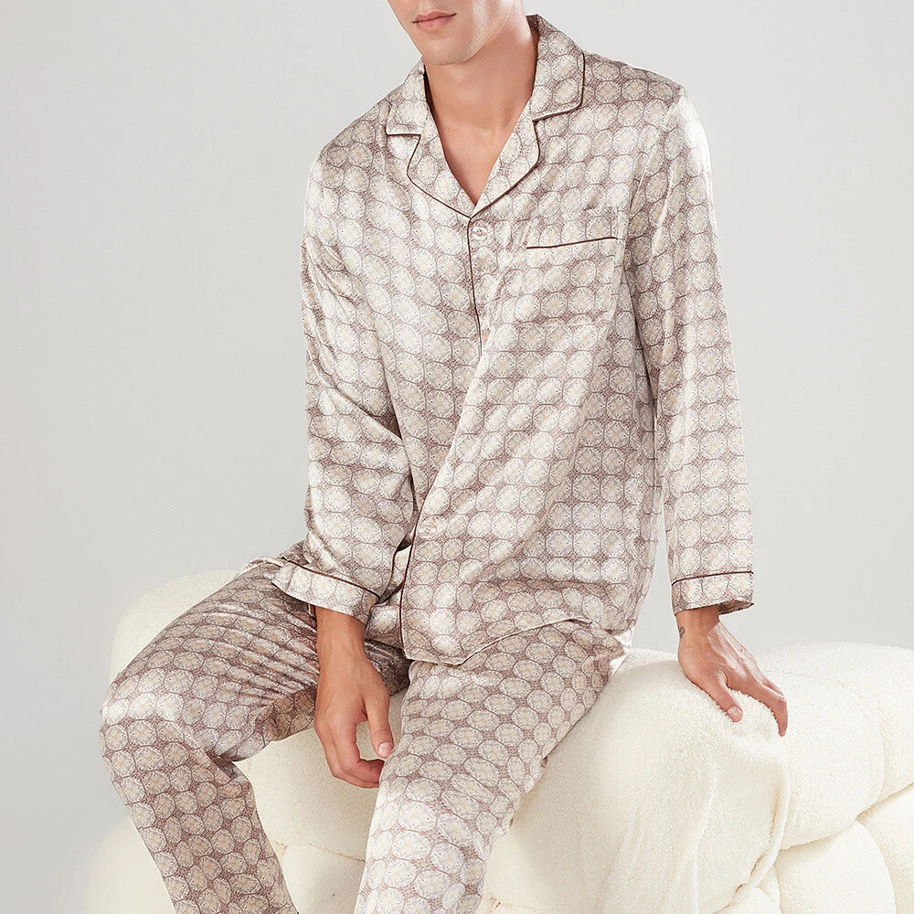 Men's 19MM 100% Pure Mulberry Silk Pajamas Set Long Sleeves Silk Sleepwear S~3XL