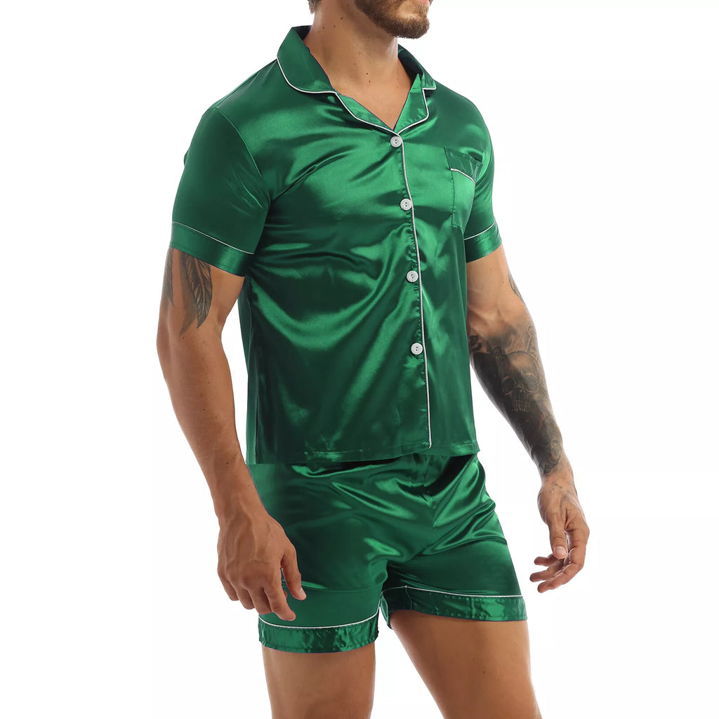 Men Silk Satin Pajamas Set Shirt Top Shorts Pants Long Robe Sleepwear Nightwear