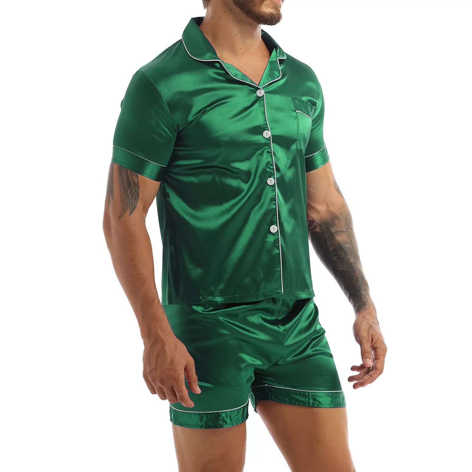 Men Silk Satin Pajamas Set Shirt Top Shorts Pants Long Robe Sleepwear Nightwear