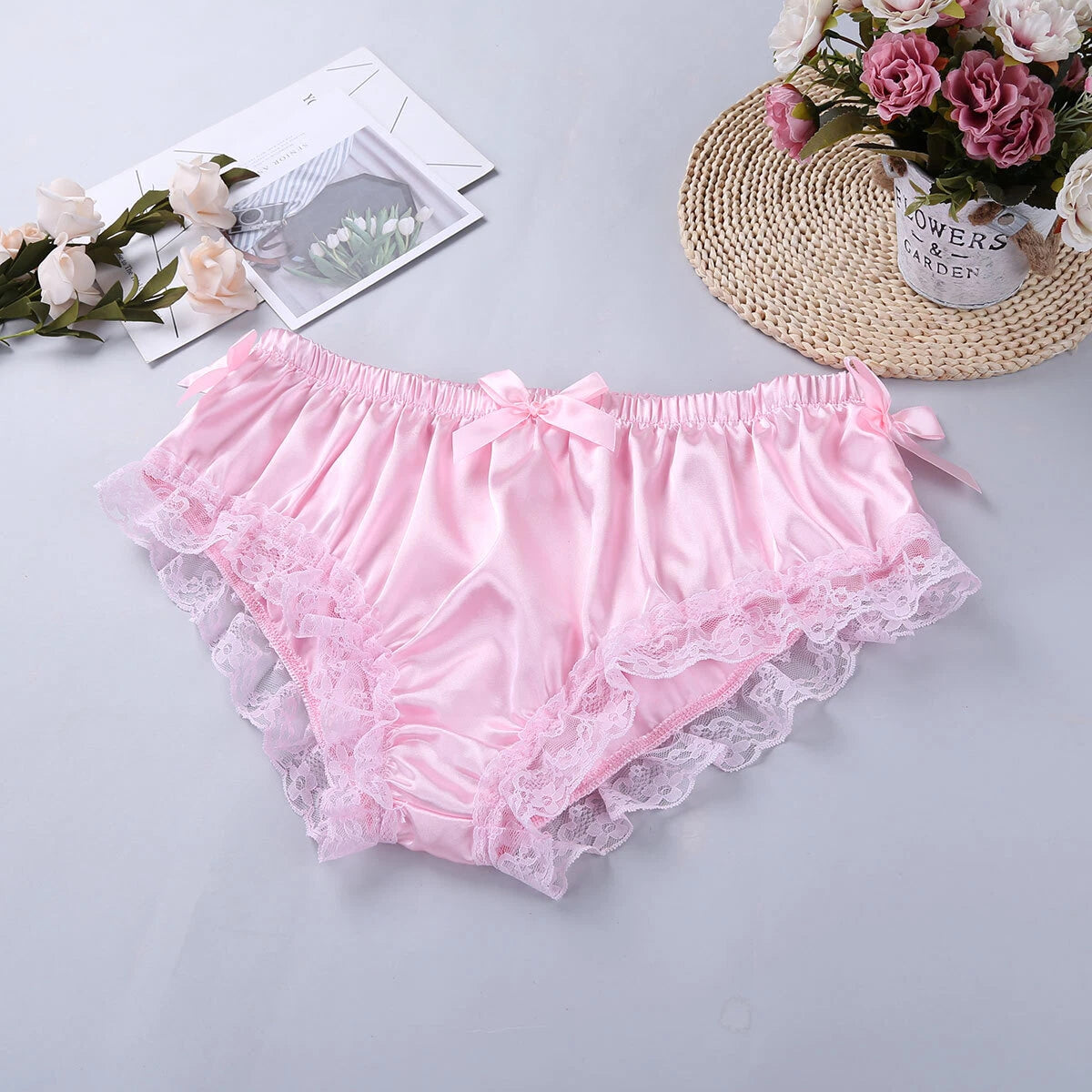Men Ruffled Lingerie Set Cami Straps Bandeau Bra Thong 2Pcs Crossdresser Pajamas