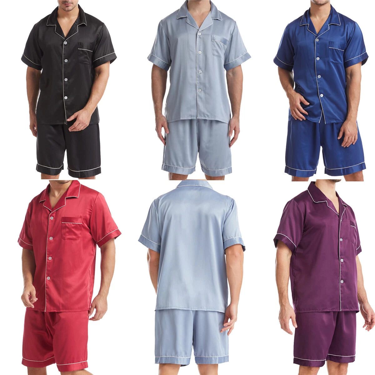 Men Satin Pajamas Set Shorts + Shirt Sleepwear Lounge Nightwear Buttons Outfit