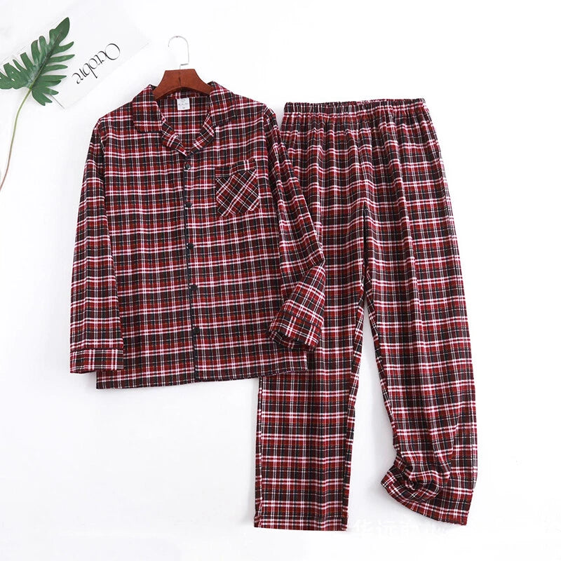 Men's Pajamas Set 100% Cotton Sleepwear Long Sleeve Button Top Pants Nightwear