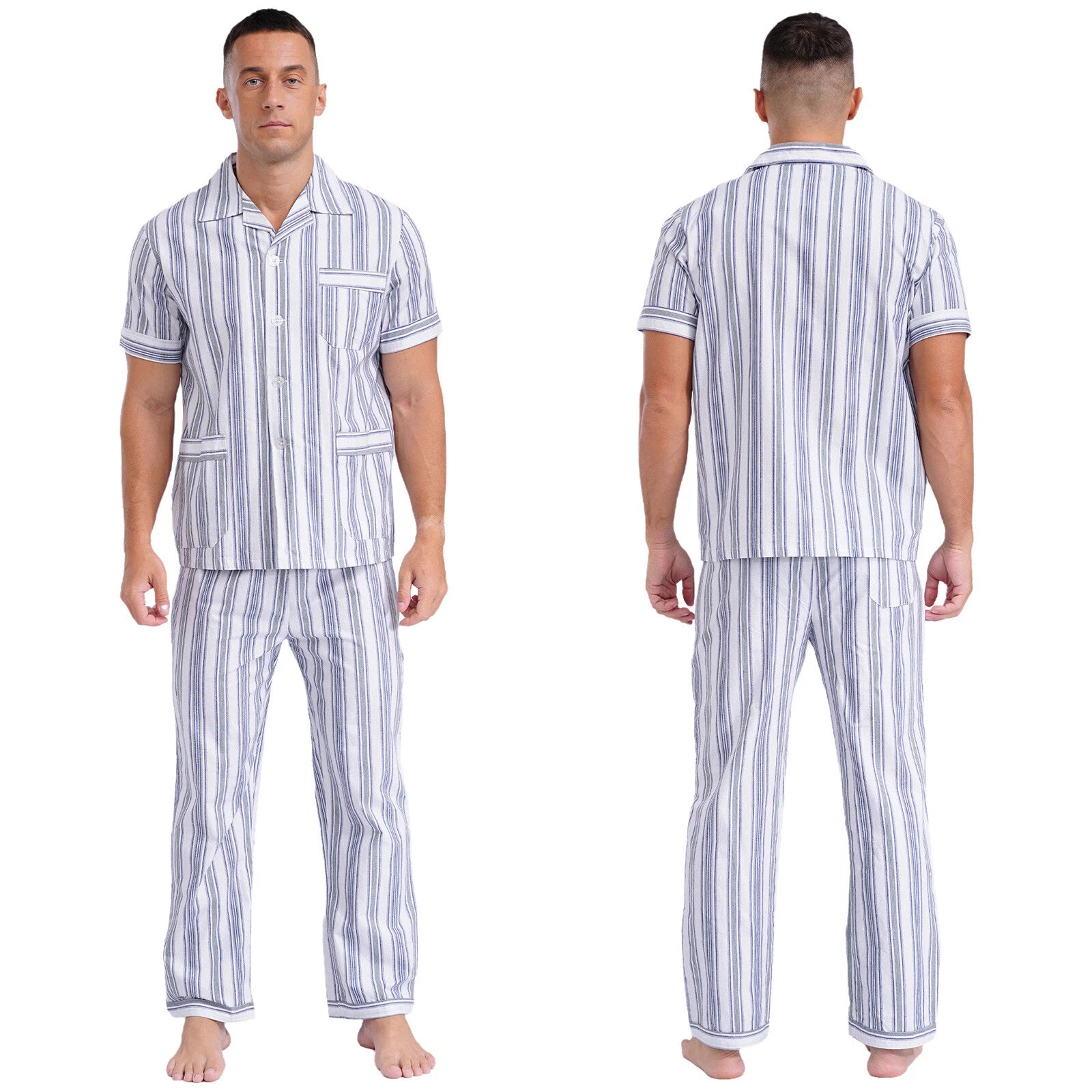 Mens Homewear Button Down Pajama Set Trousers Sleepwear Dailywear Lightweight