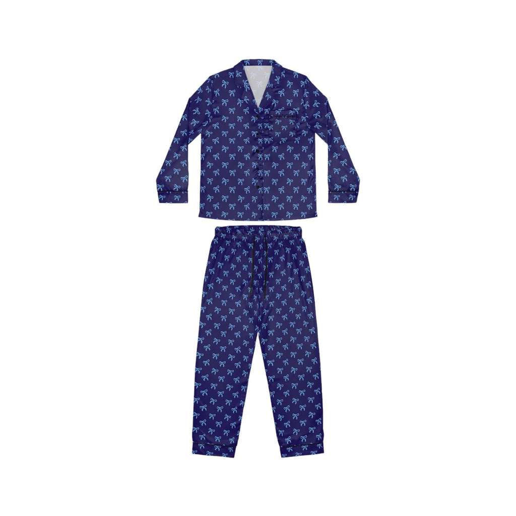 Navy Satin Pajama Set with Light Blue Bows, Women's Satin Pajamas, Silk Pajamas
