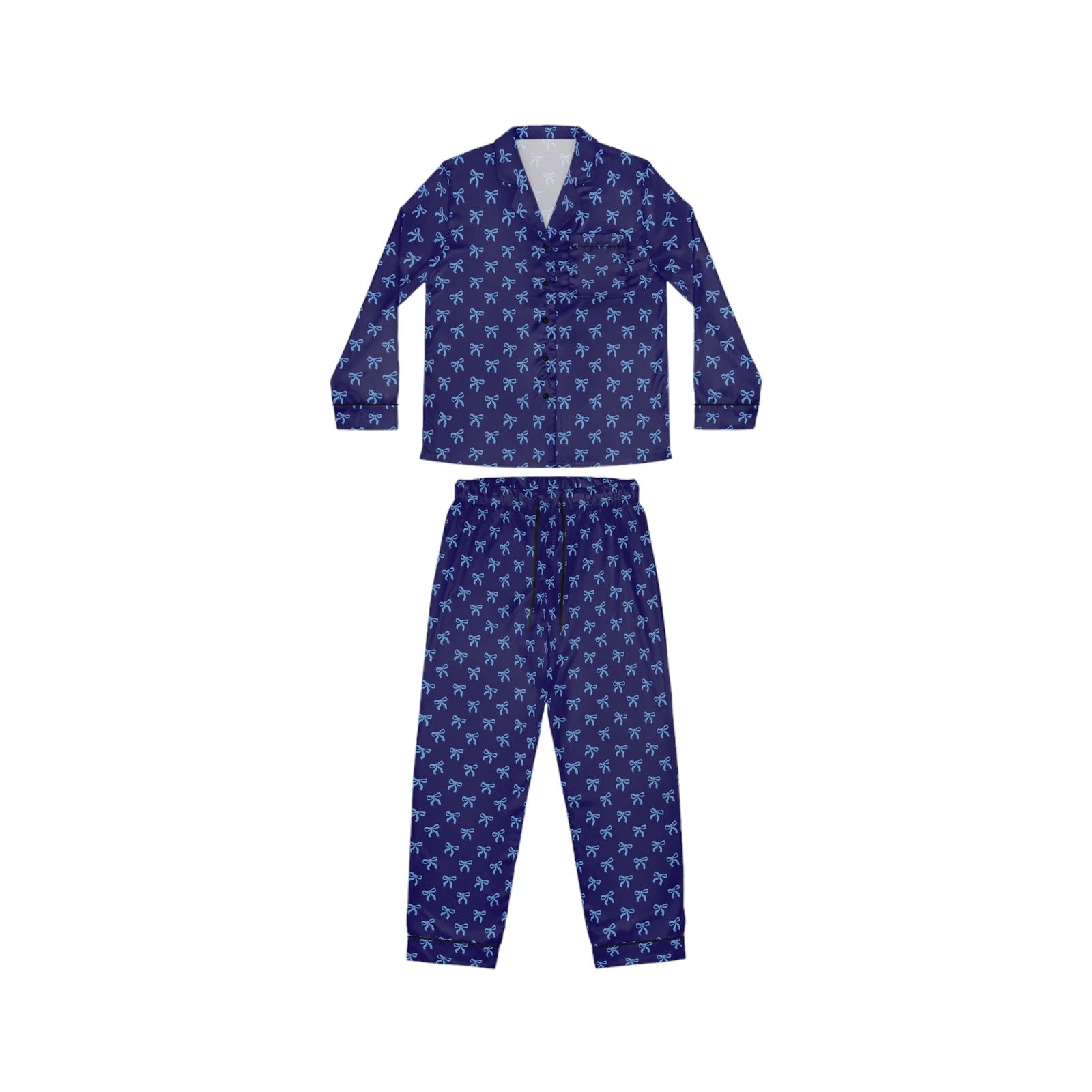Navy Satin Pajama Set with Light Blue Bows, Women's Satin Pajamas, Silk Pajamas