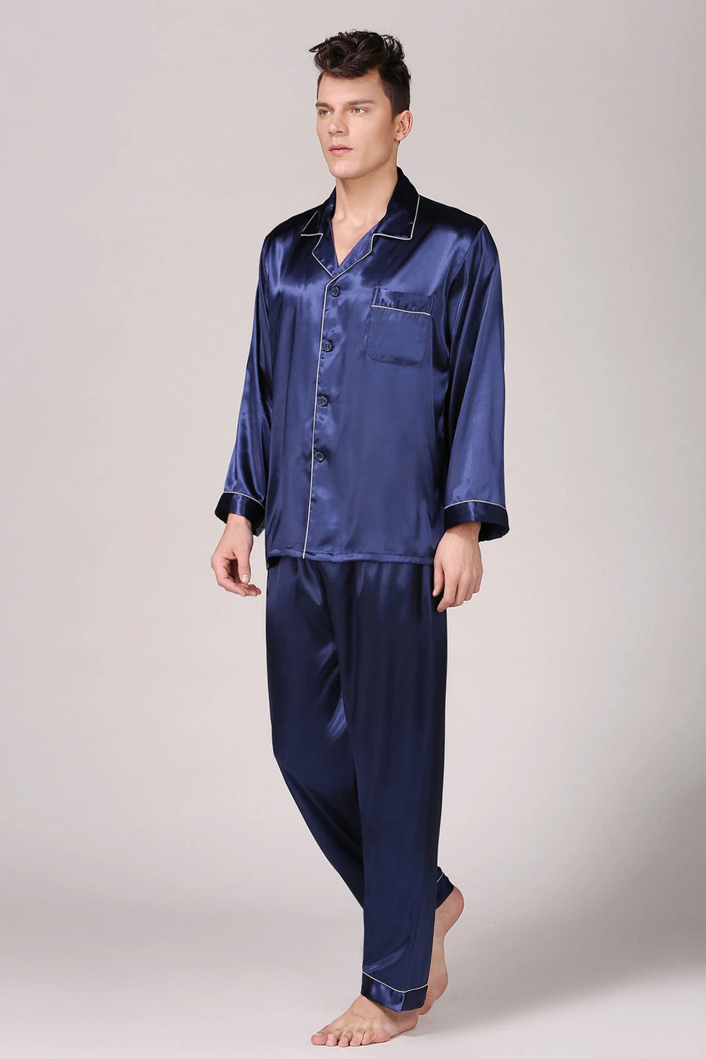 Mens Satin Silk Pyjamas Set Long Traditional Button Up Pyjama PJs Nightwear New