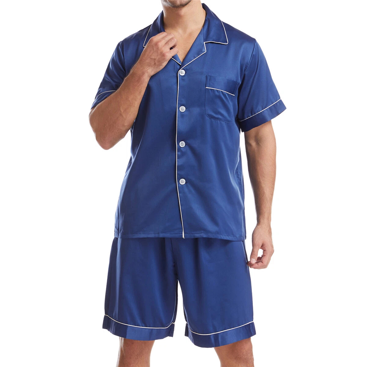 Men Satin Pajamas Set Shorts + Shirt Sleepwear Lounge Nightwear Buttons Outfit