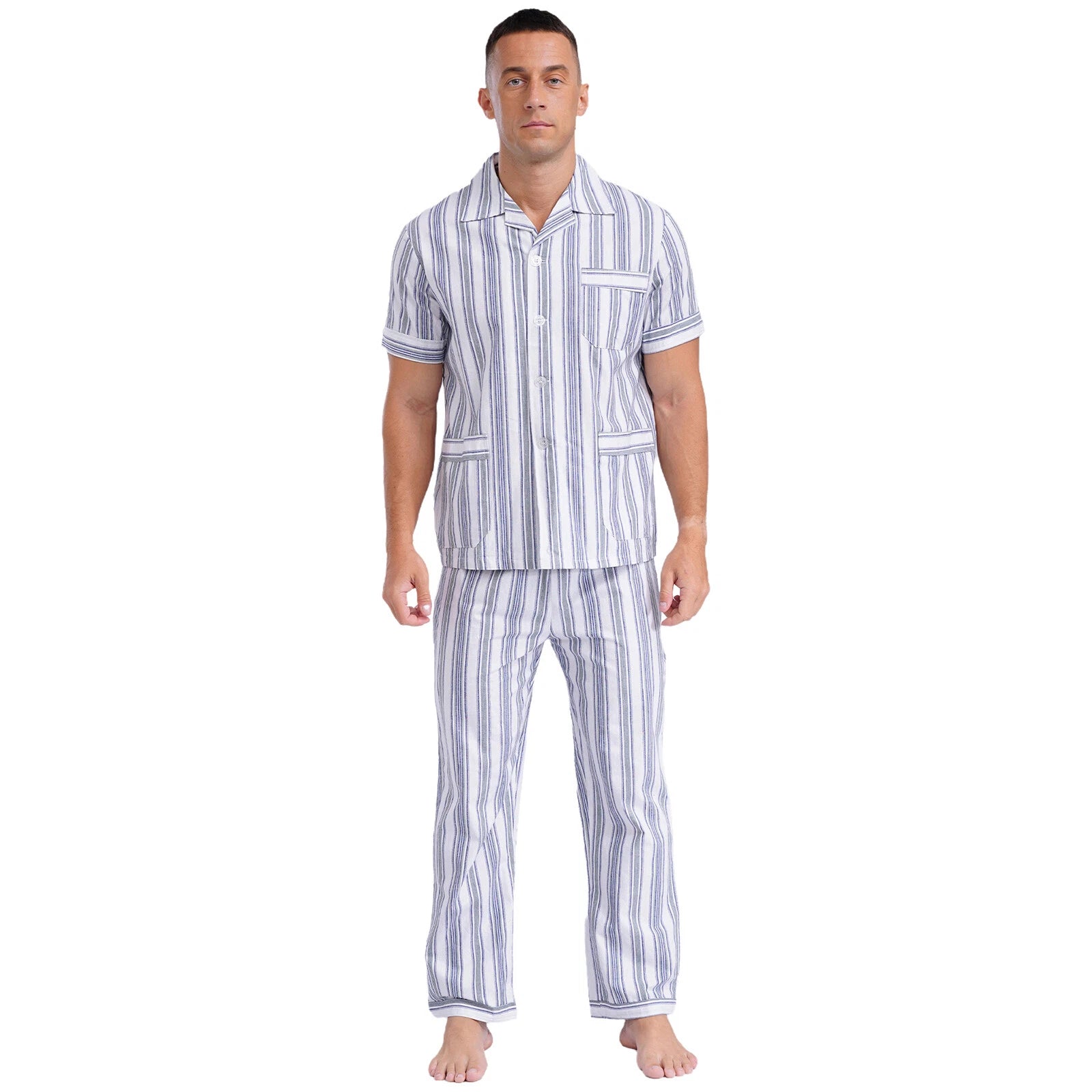 Mens Homewear Button Down Pajama Set Trousers Sleepwear Dailywear Lightweight