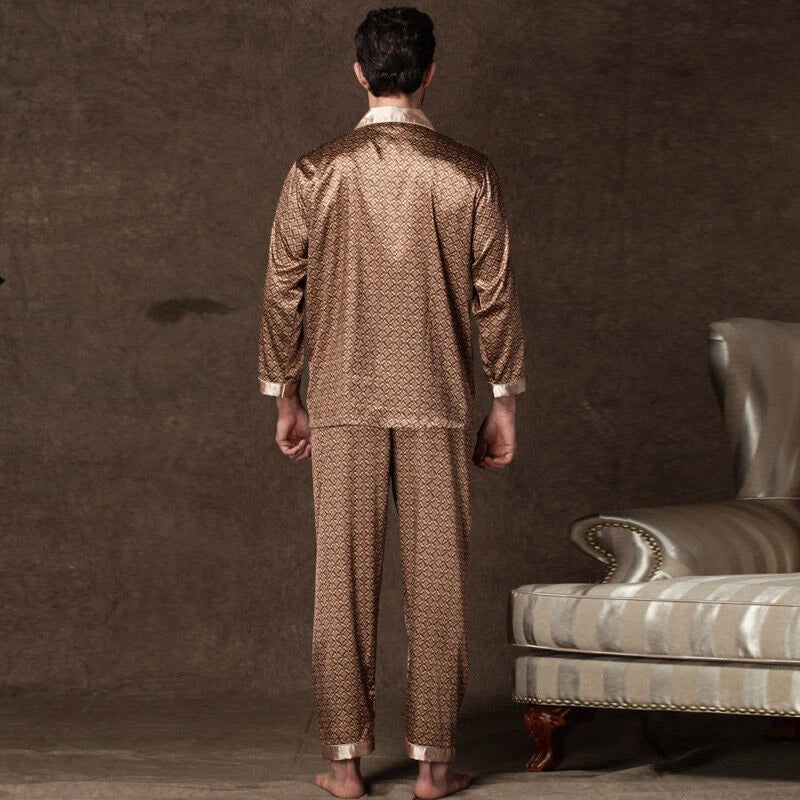 Men Silk Satin Pajama Set Print Sleepwear Loungewear Long Sleeve Shirt Nightwear