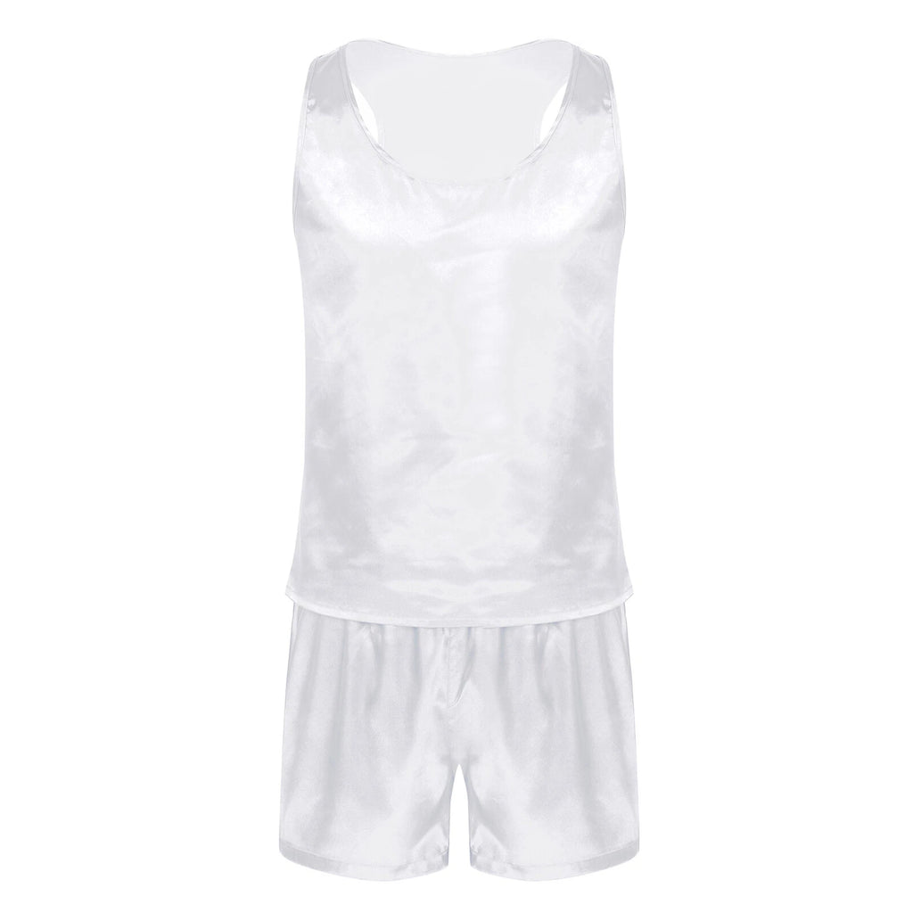 Men's Silk Satin Pajamas Set Vest Top and Boxer Shorts Sleepwear Home Loungewear