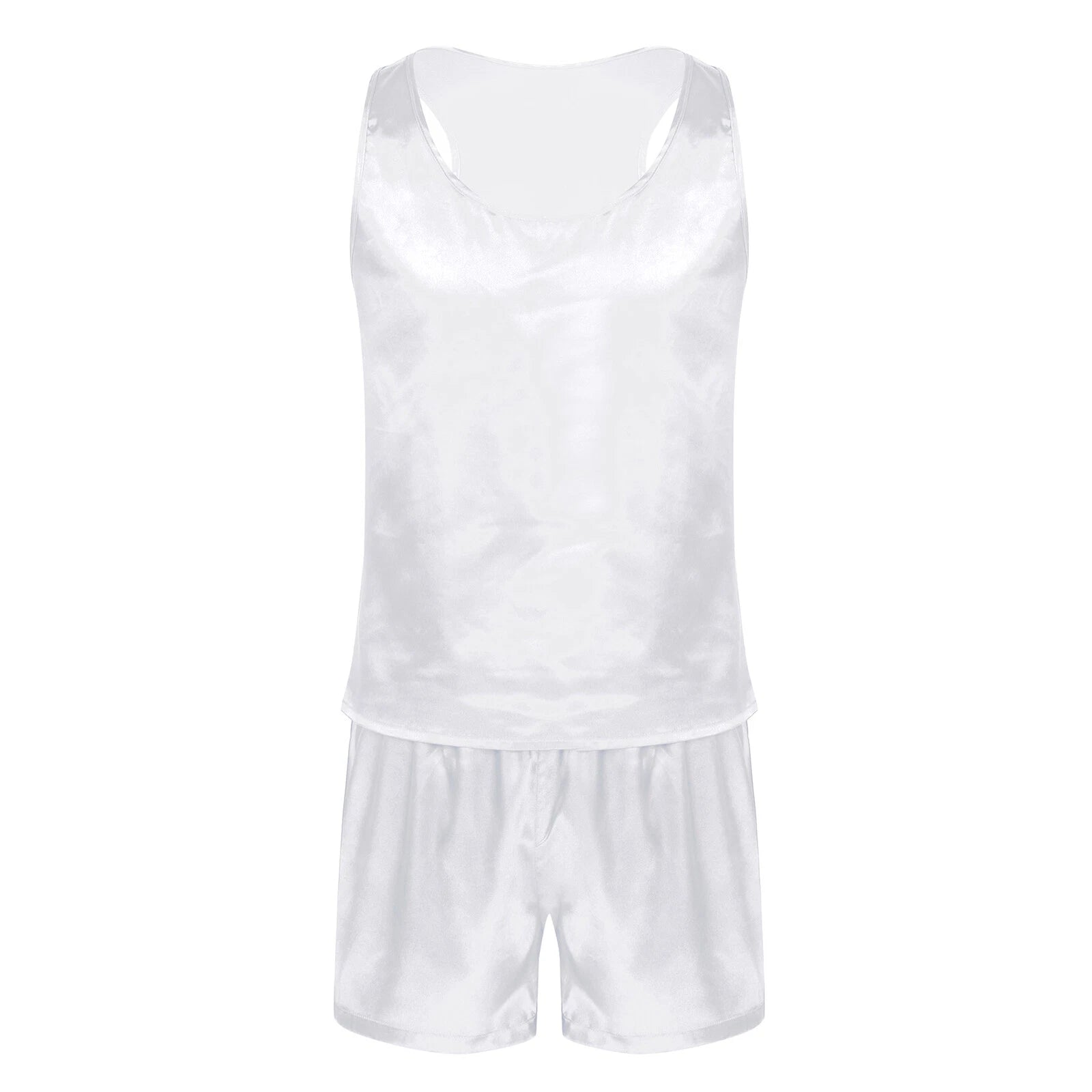 Men's Silk Satin Pajamas Set Vest Top and Boxer Shorts Sleepwear Home Loungewear
