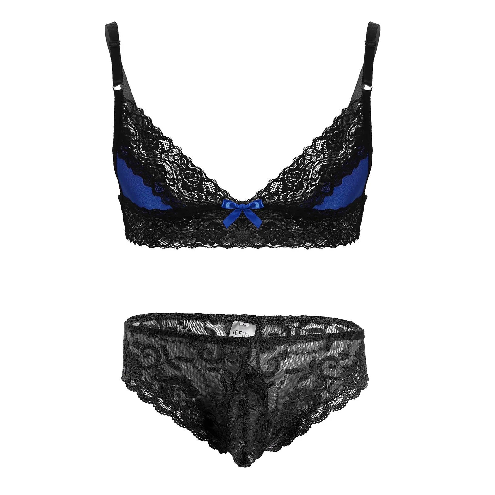 Men Ruffled Lingerie Set Cami Straps Bandeau Bra Thong 2Pcs Crossdresser Pajamas