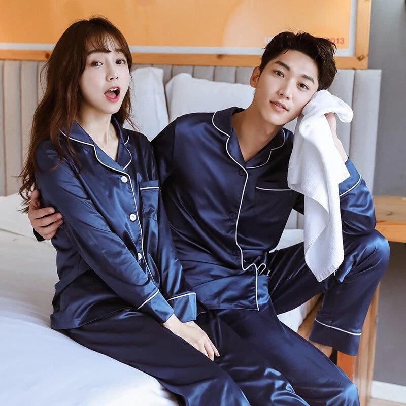 Men Women Silk Satin Pajamas Set Couple Sleepwear Lovers Unisex Nightwear Pijama