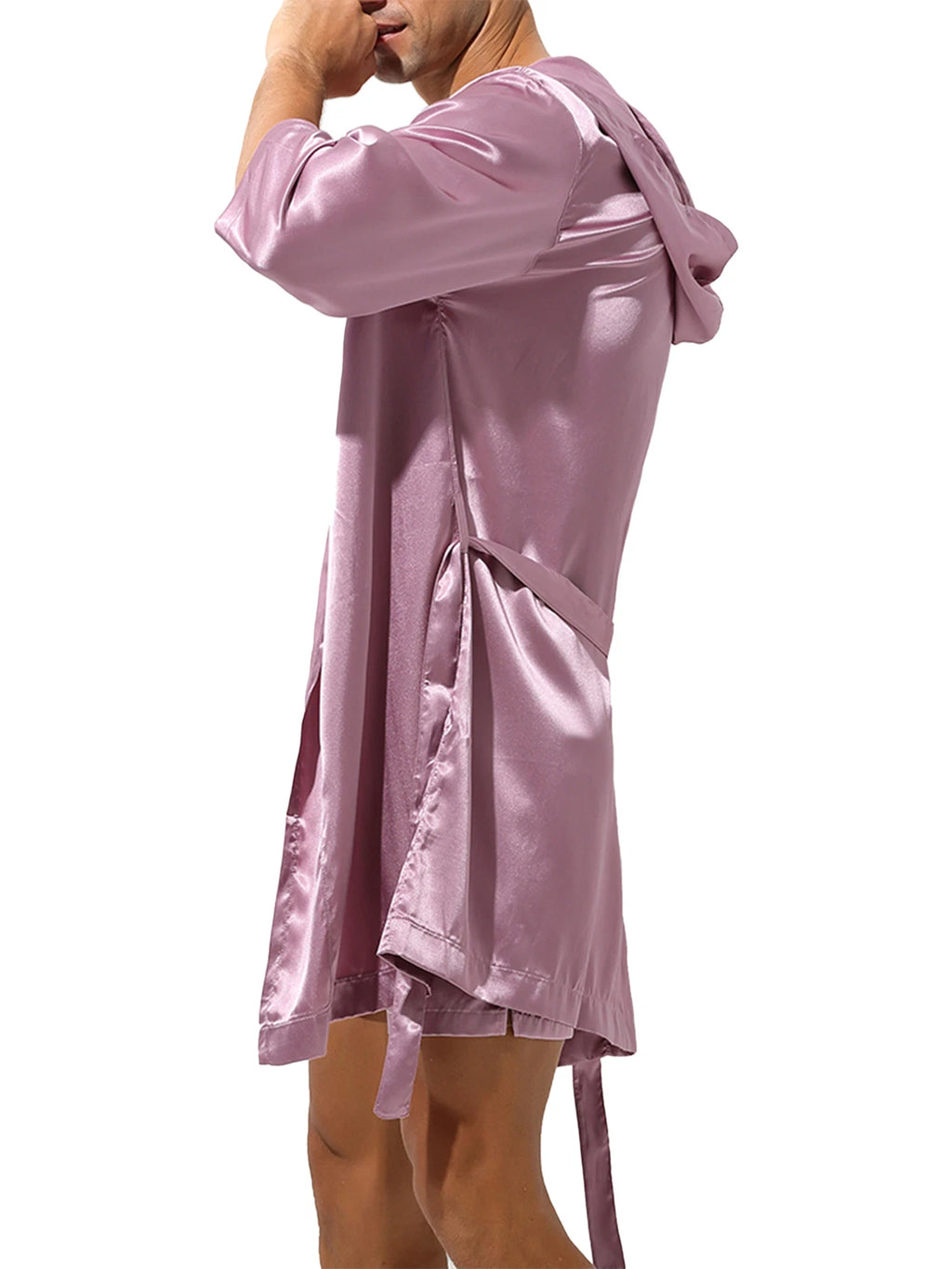 Mens Silk Satin Pajamas Set Open Front Hooded Robe Bathrobe Sleepwear with Belt