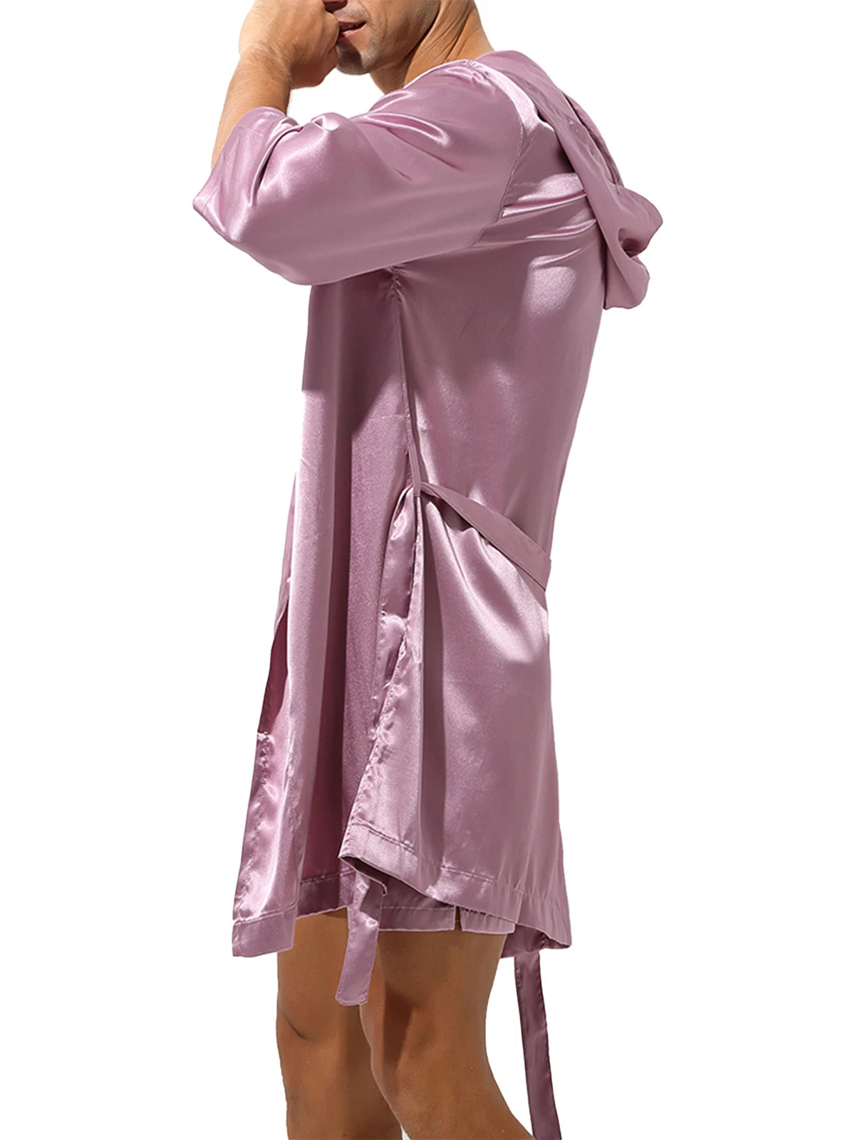 Mens Silk Satin Pajamas Set Open Front Hooded Robe Bathrobe Sleepwear with Belt