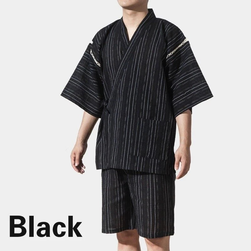 Men Japanese Kimono Pyjama Sets Yukata Jinbei Traditional Stripe Soft Nightwear